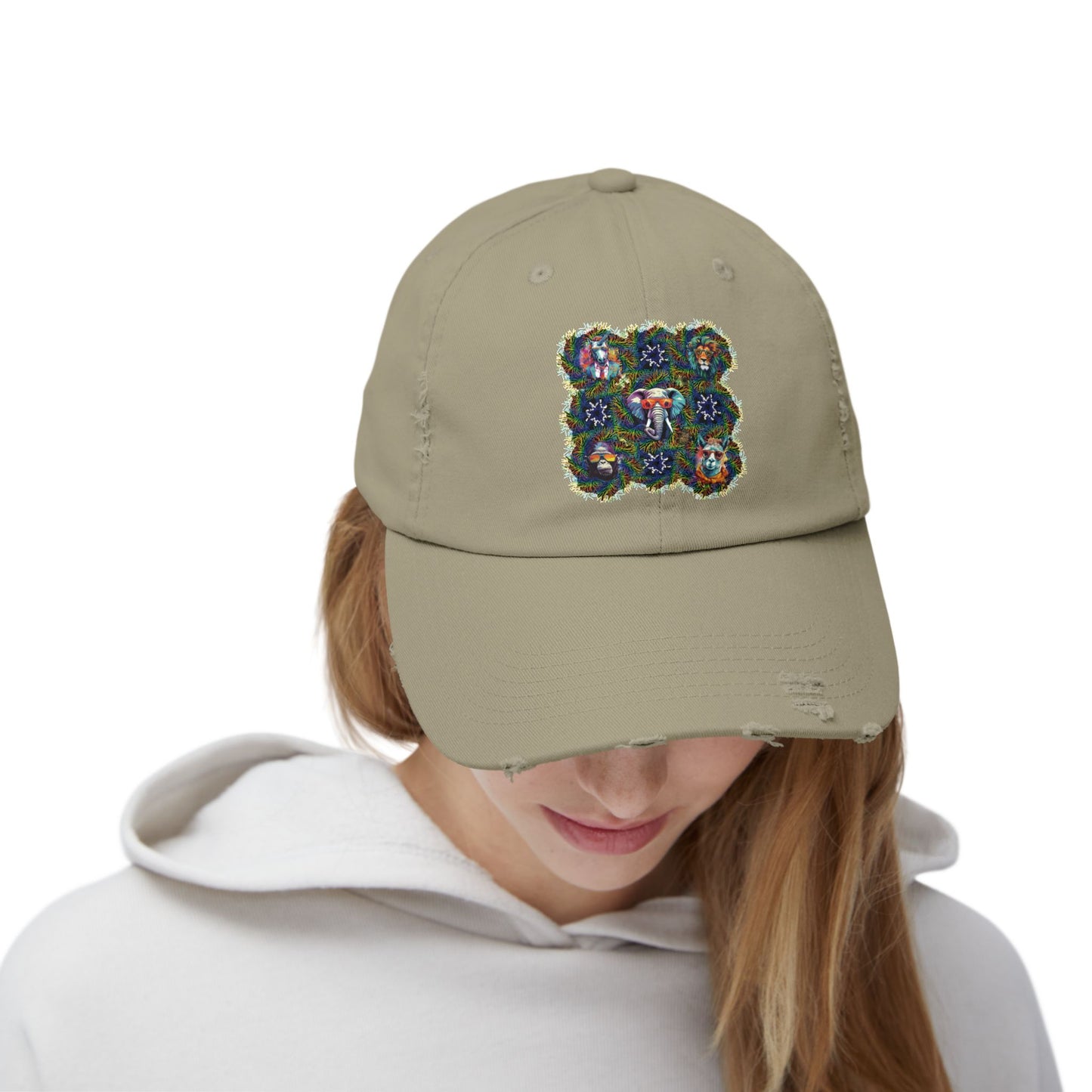 Wild & Cool Creatures Unisex Distressed Cap, Graphic Art, Animals, Gift, Hats, Cotton Twill, Adjustable, Gifts for Women Men Friends Teens