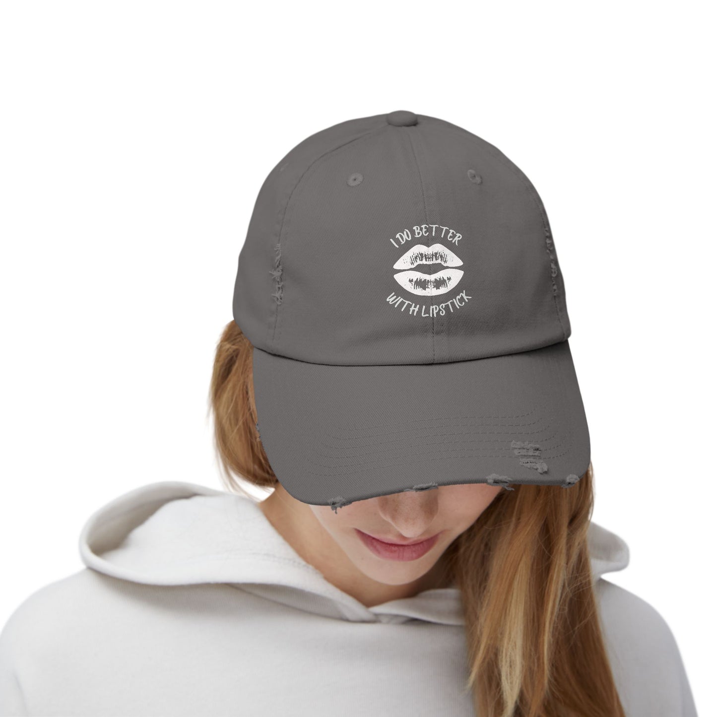 Distressed Cap - I Do Better With Lipstick, Glamorous & Bold, Adjustable, Cotton Twill