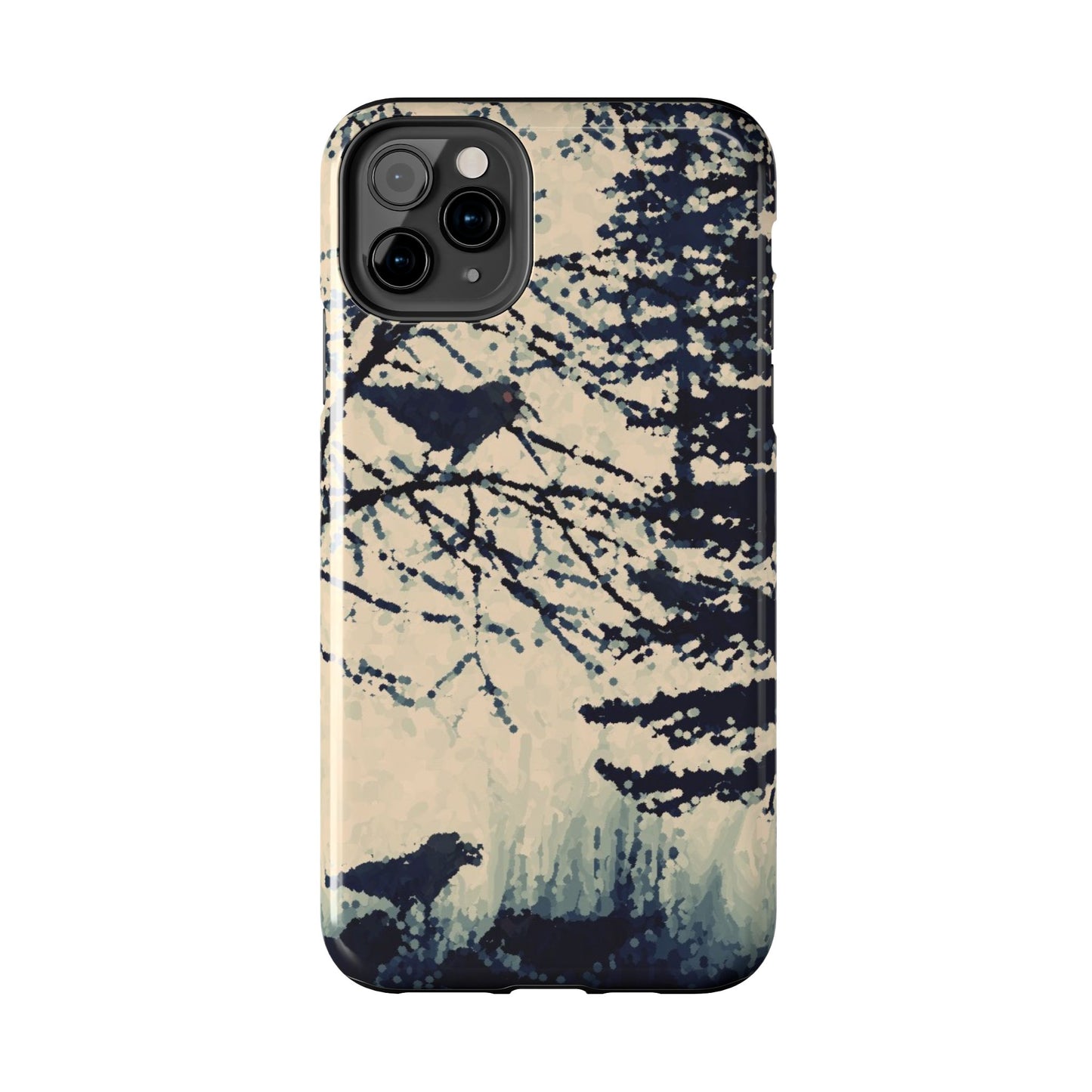 Crows in Forest Tough Phone Cases, iPhone & Samsung cases, wireless charging, crows, trees, birds, original artwork, gifts, Halloween