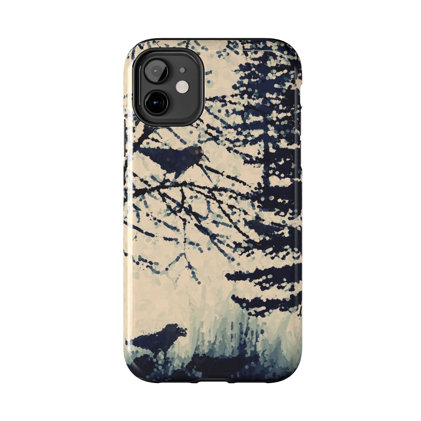 Crows in Forest Tough Phone Cases, iPhone & Samsung cases, wireless charging, crows, trees, birds, original artwork, gifts, Halloween