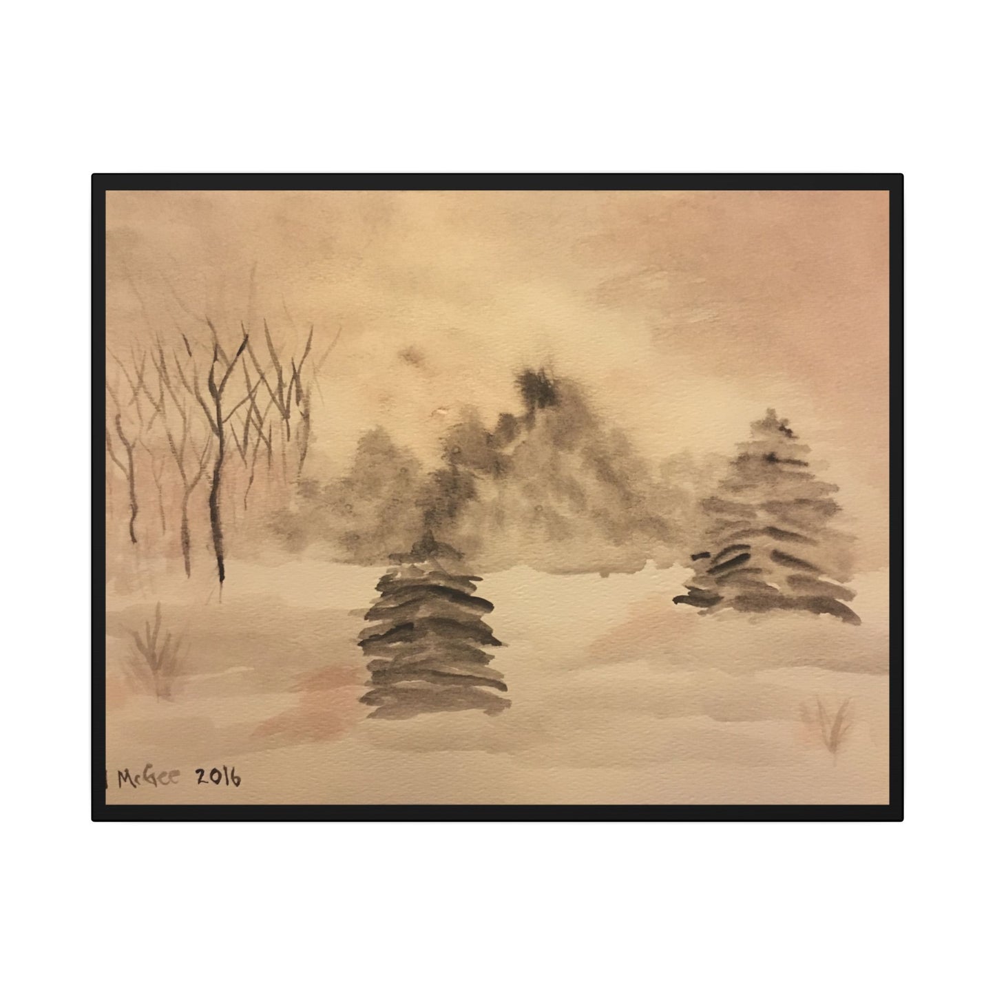 Canvas Wrap Winter Scene, Original Watercolor Print, Snow, Trees, Nature, Matte Print, Artwork, Wall Art, Black Tones, Gift, Christmas