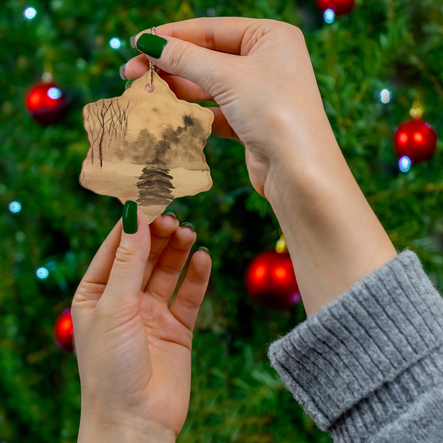 Winter Scene Hanging Ceramic Ornament, 2 Shapes, Round or Snowflake, Christmas Tree, Holiday, Gifts, Snow, Pine Trees, Forest