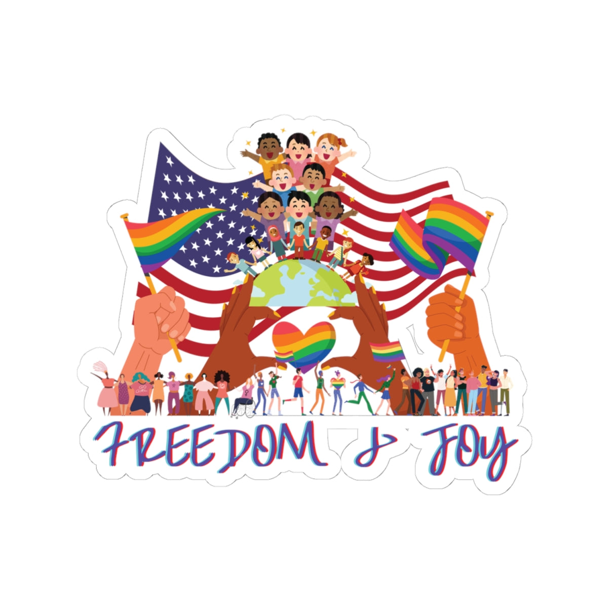 Freedom & Joy Graphic Kiss Cut Stickers, happy, equality, inclusion, patriotic, pride, colorful, gender neutral, student, gift, decorate