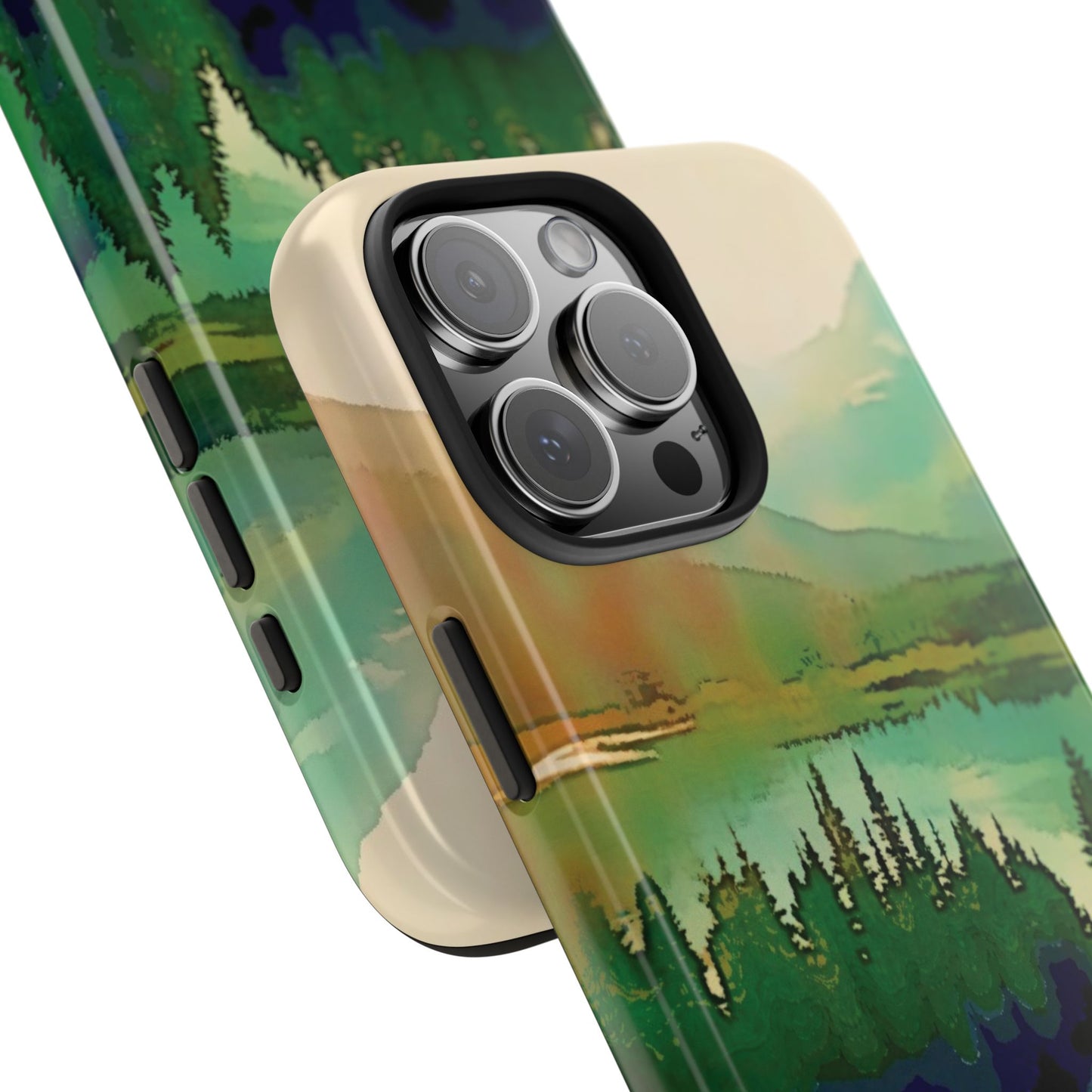 Mountain Lake Tough Phone Cases, iPhone & Samsung cases, wireless charging, trees, nature, colorful, original artwork, gifts, Christmas