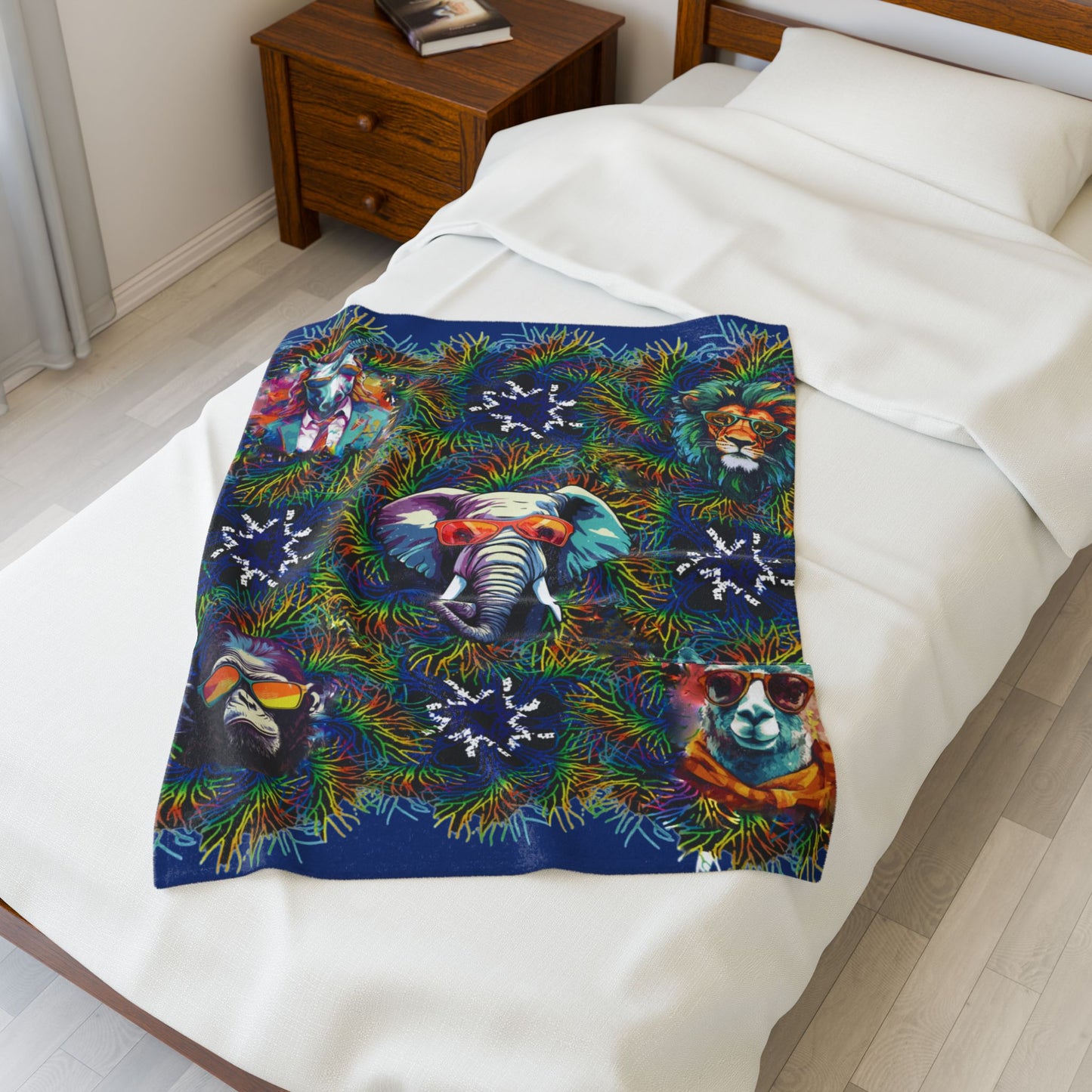 Blue Wild & Cool Creatures Velveteen Blanket, Animals, Cozy Throw, Home Decor, Gift, Bed Cover Vibrant Couch Blanket Kids Birthday Christmas