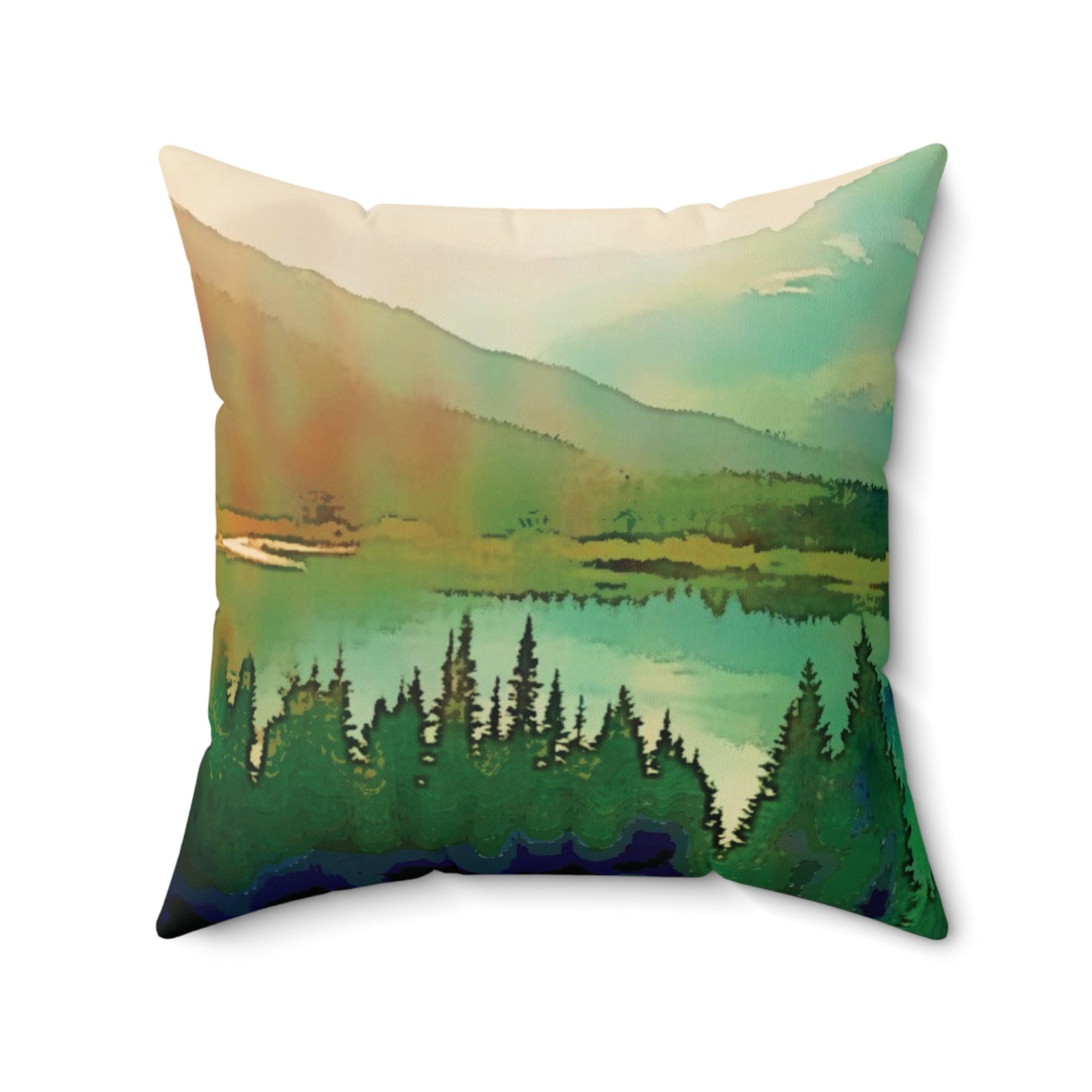 Mountain Lake Spun Polyester Square Pillow, Custom Artwork, Decor, Throw Pillow, Dorm, Gift, Holiday, Tree, Forest, Nature, Rustic, 4 Sizes