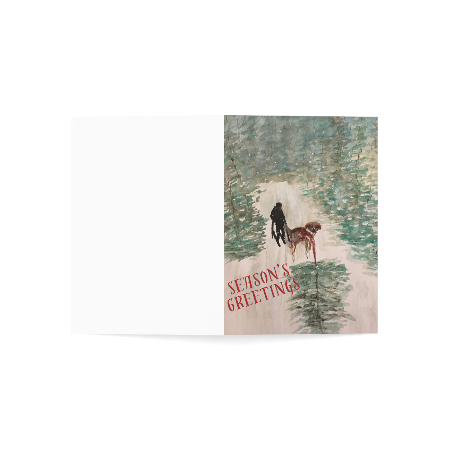 Holiday Greeting Cards Original Artwork Tree Hunting (10, 30, and 50pcs), Dog, Skis, Seasons Greetings, Wishing Health Happiness New Year