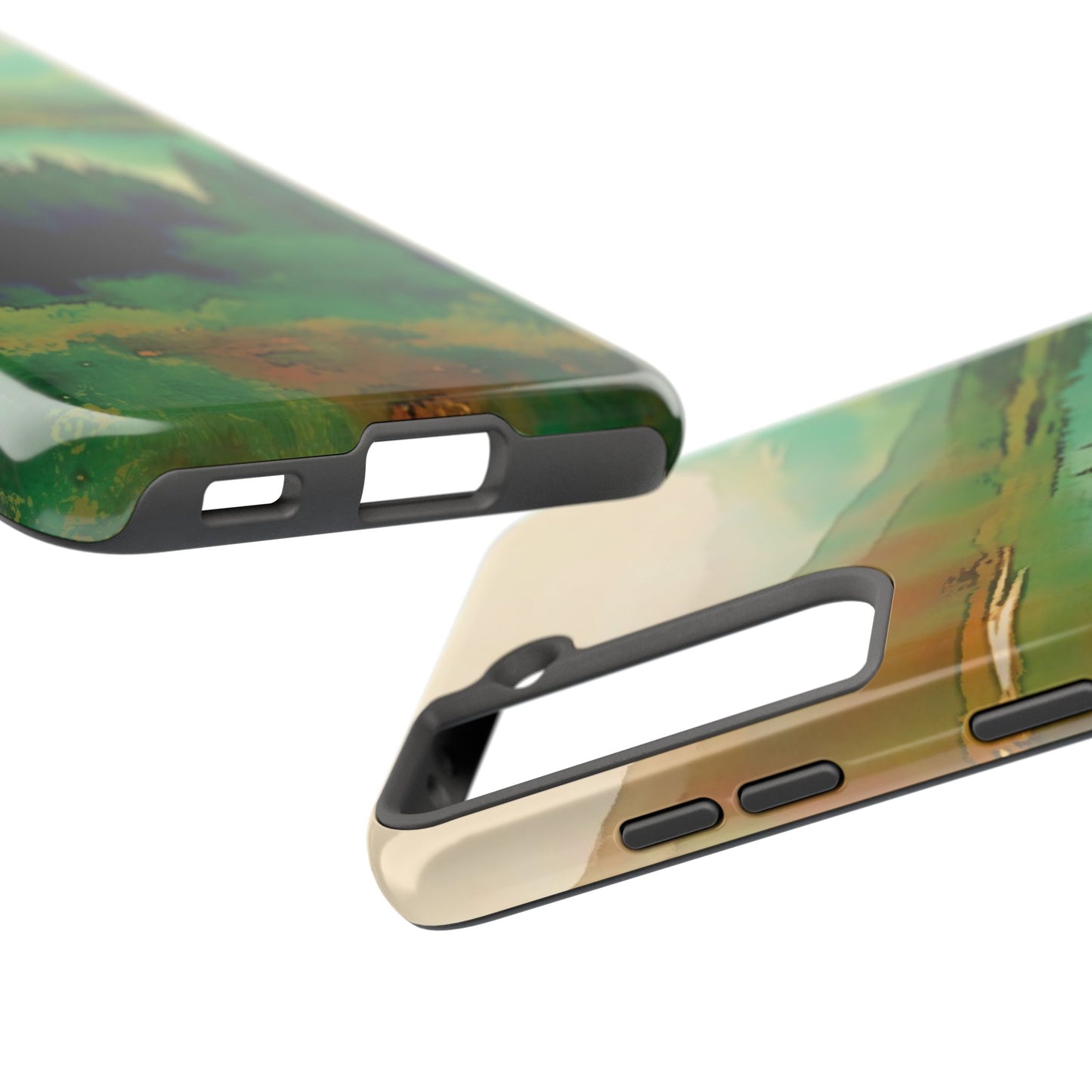 Mountain Lake Tough Phone Cases, iPhone & Samsung cases, wireless charging, trees, nature, colorful, original artwork, gifts, Christmas