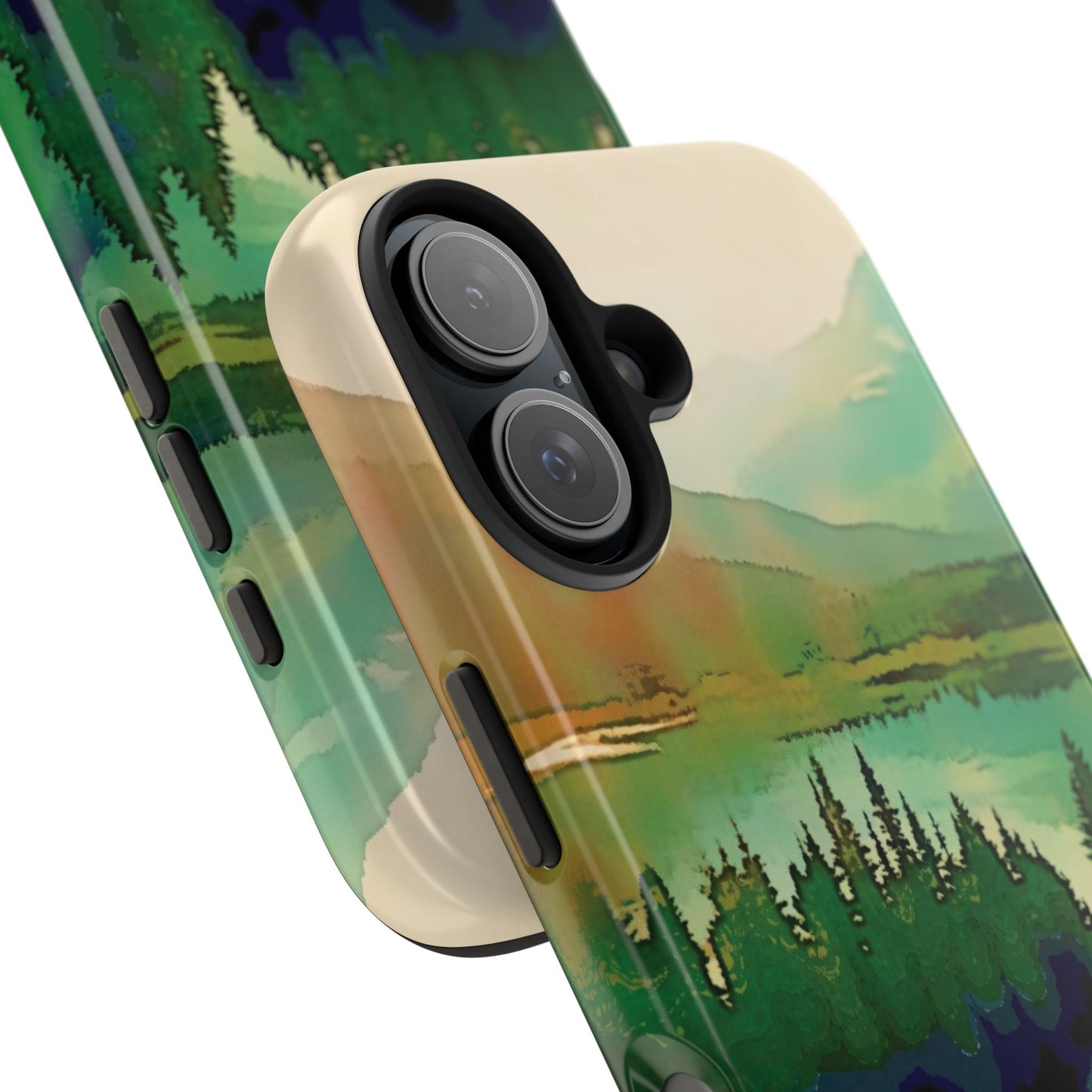 Mountain Lake Tough Phone Cases, iPhone & Samsung cases, wireless charging, trees, nature, colorful, original artwork, gifts, Christmas