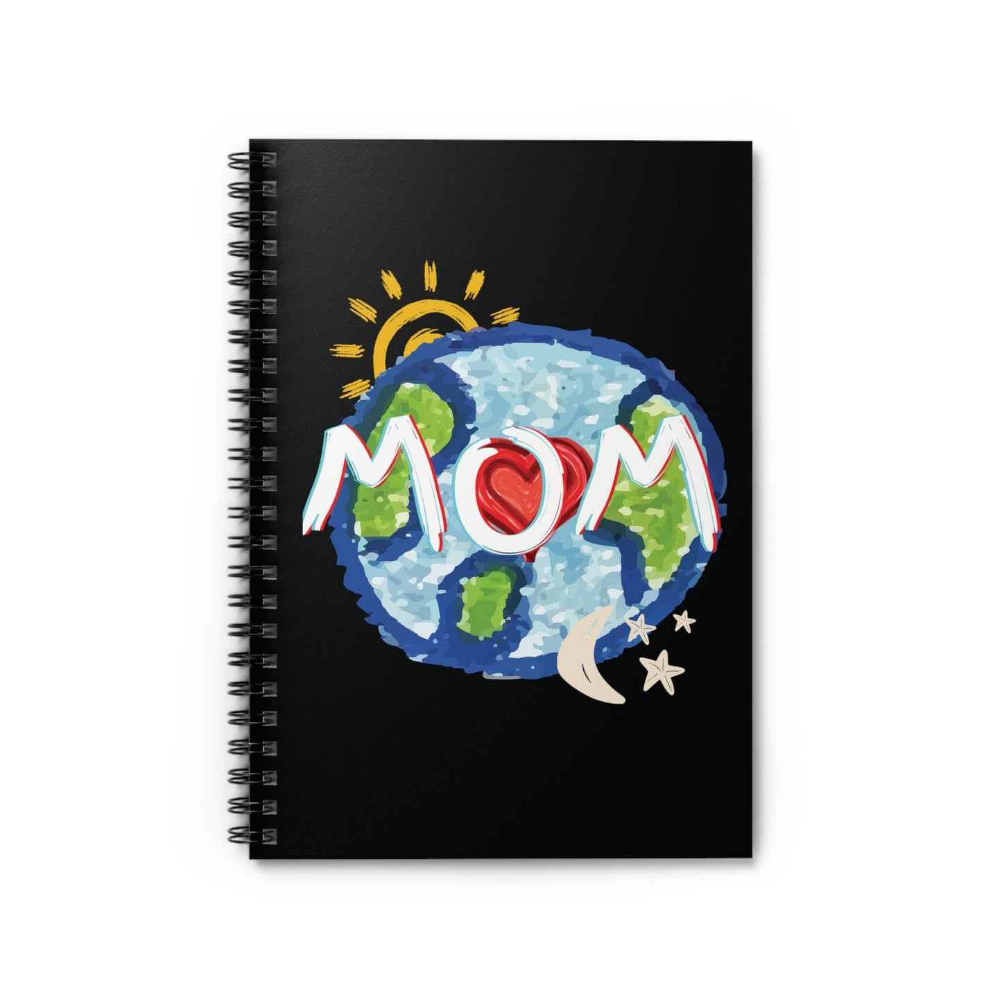 MOM Black Spiral Notebook, Ruled Line, Whole World, Sun, Moon & Stars, Heart, Love, Mothers Day, Gifts for Women, Writing, Journal, Paper
