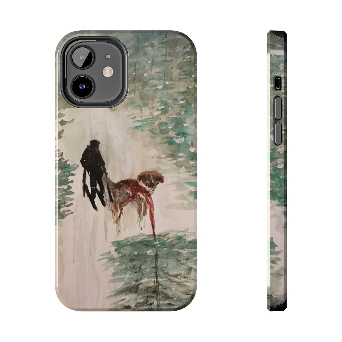 Skier Dog Pulling Tree Tough Phone Cases, iPhone & Samsung cases, wireless charging, pine trees, snow, original artwork, gifts, Christmas
