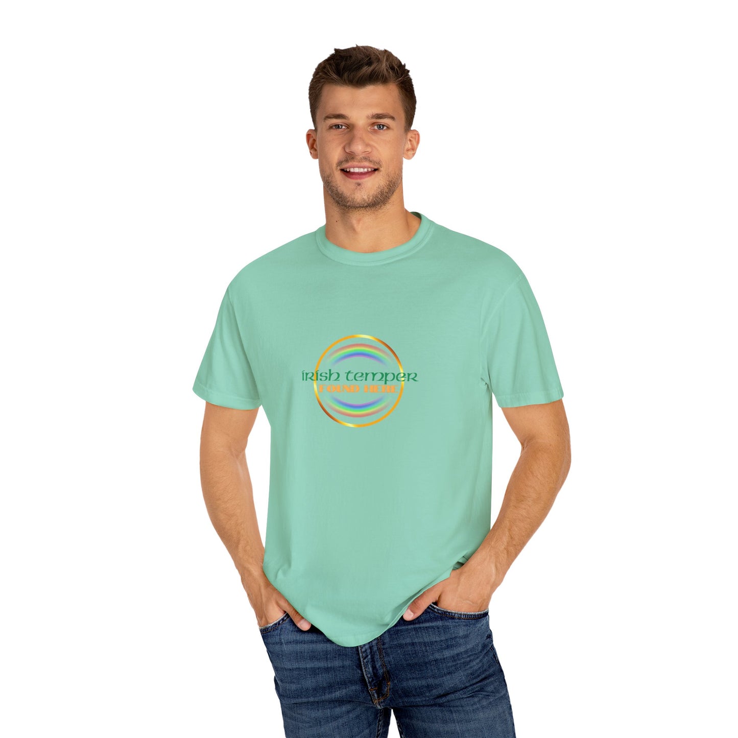 Irish Temper Found Here Unisex Garment-Dyed T-shirt, rainbow, fun, gender neutral, casual, relaxed, soft, preshrunk cotton, St Patricks Day
