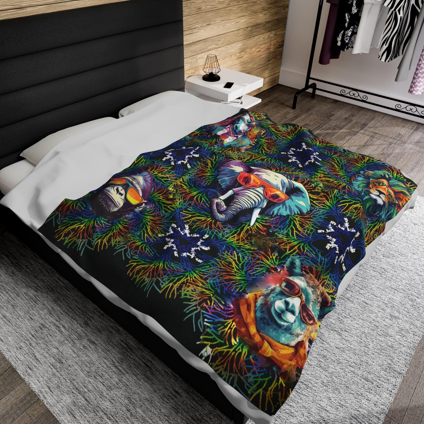 Black Wild & Cool Creatures Velveteen Blanket, Animals, Cozy Throw Home Decor, Gift, Bed Cover Vibrant Couch Blanket Kids Birthday Christmas