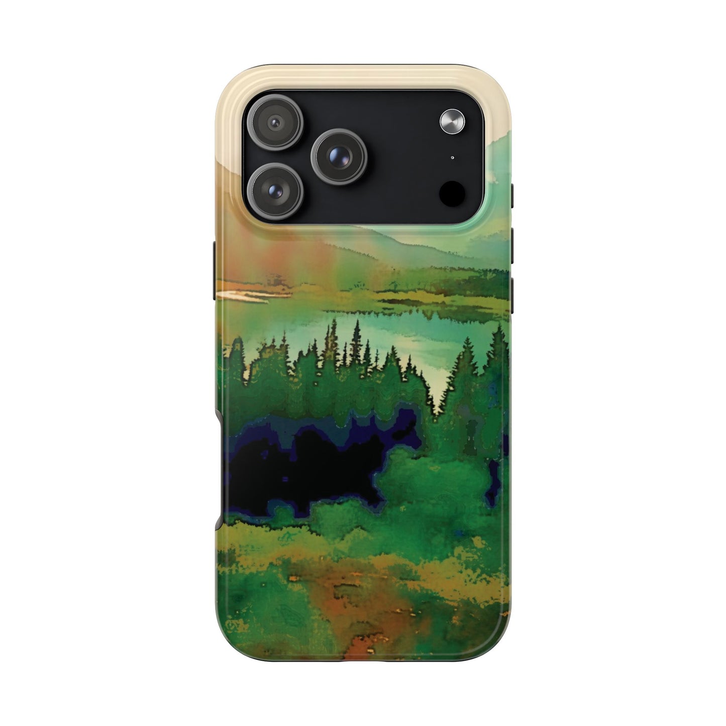 Mountain Lake Tough Phone Cases, iPhone & Samsung cases, wireless charging, trees, nature, colorful, original artwork, gifts, Christmas