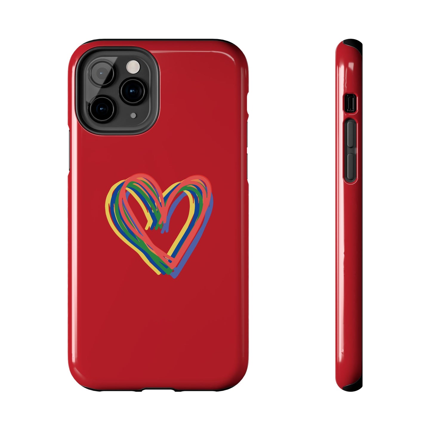 Rainbow Hearts Tough Phone Case, Red Phone Cover, Smartphone Case, Heart Pattern Phone Shell, Phone Hard Case, Colorful, Wireless Charging