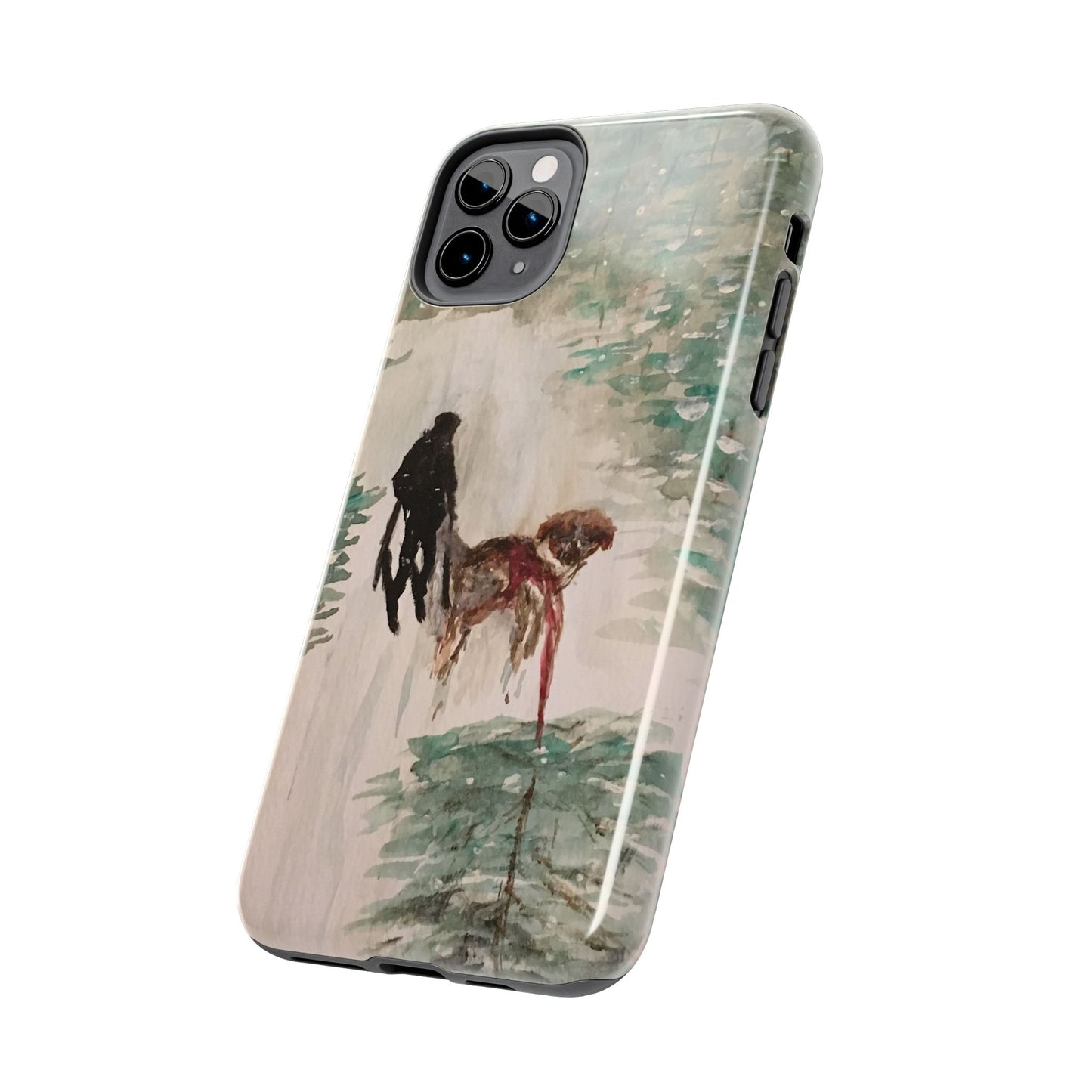 Skier Dog Pulling Tree Tough Phone Cases, iPhone & Samsung cases, wireless charging, pine trees, snow, original artwork, gifts, Christmas
