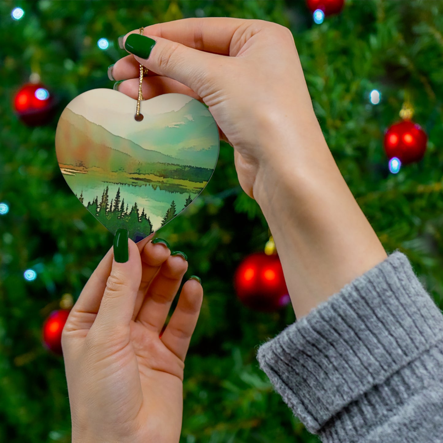 Mountain Lake Hanging Ceramic Ornament, 4 Shapes Circle, Snowflake, Heart, Star, Forest, Tree, Rustic, Holiday, Decor, Gifts, Landscape
