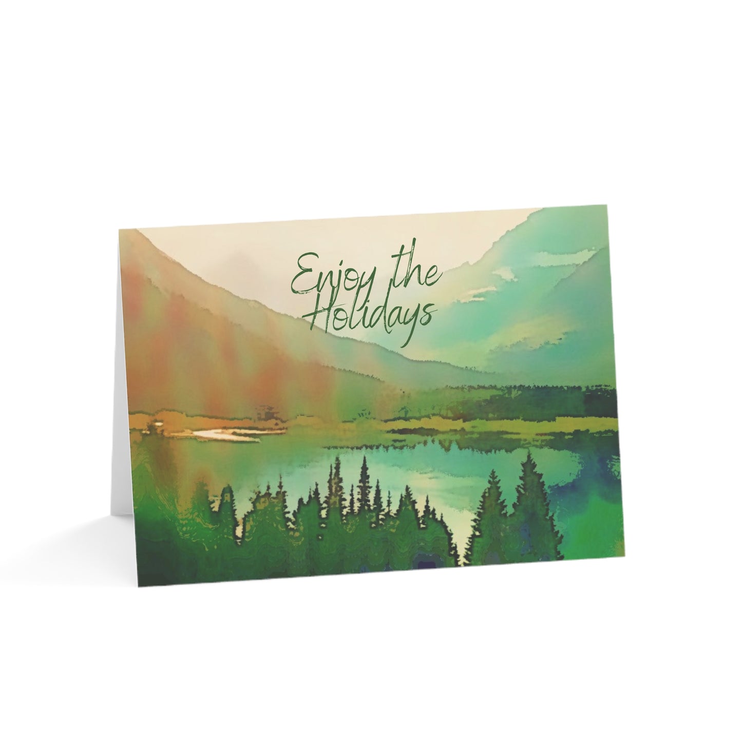 Holiday Greeting Cards Original Artwork Mountain Lake (10, 30, & 50pcs), Enjoy the Holidays, Wishing Health Happiness New Year, 4 size/3 fin