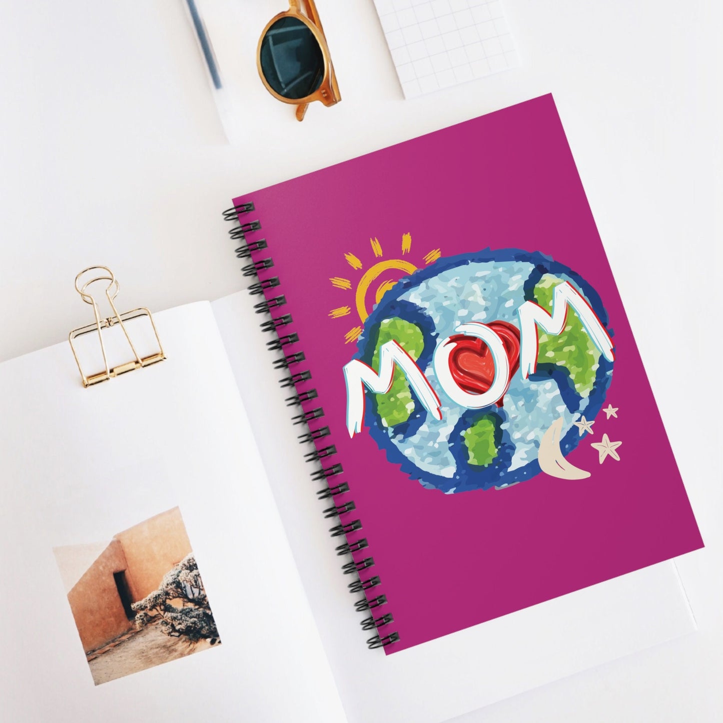MOM Pink Spiral Notebook, Ruled Line, Whole World, Sun, Moon & Stars, Heart, Love, Mothers Day, Gifts for Women, Writing, Journal, Paper