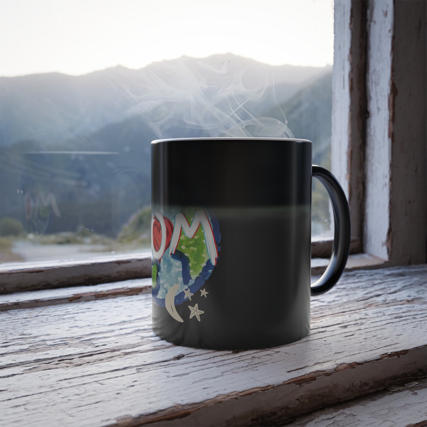 MOM Color Morphing Mug, Heat Reactive Mother's Day Coffee Cup with Whole World, Sun, Moon & Stars Design