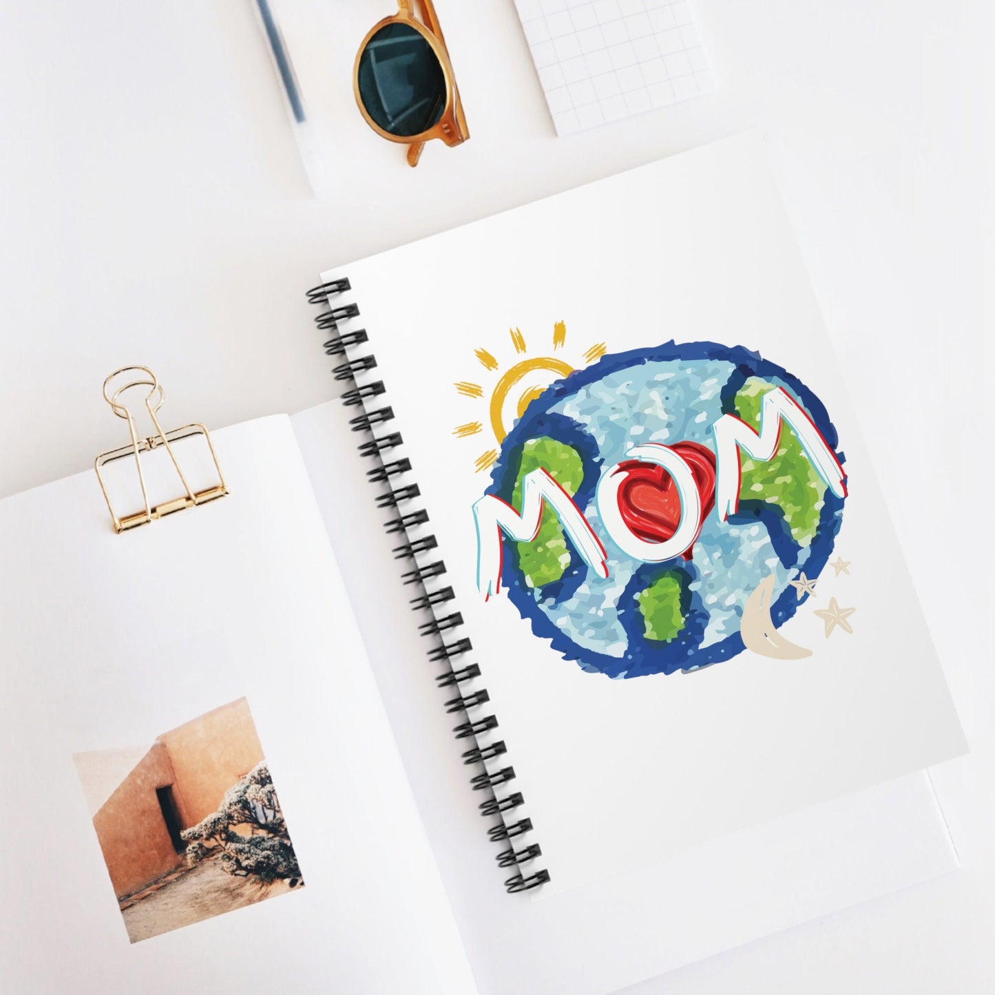 MOM White Spiral Notebook, Ruled Line, Whole World, Sun, Moon & Stars, Heart, Love, Mothers Day, Gifts for Women, Writing, Journal, Paper