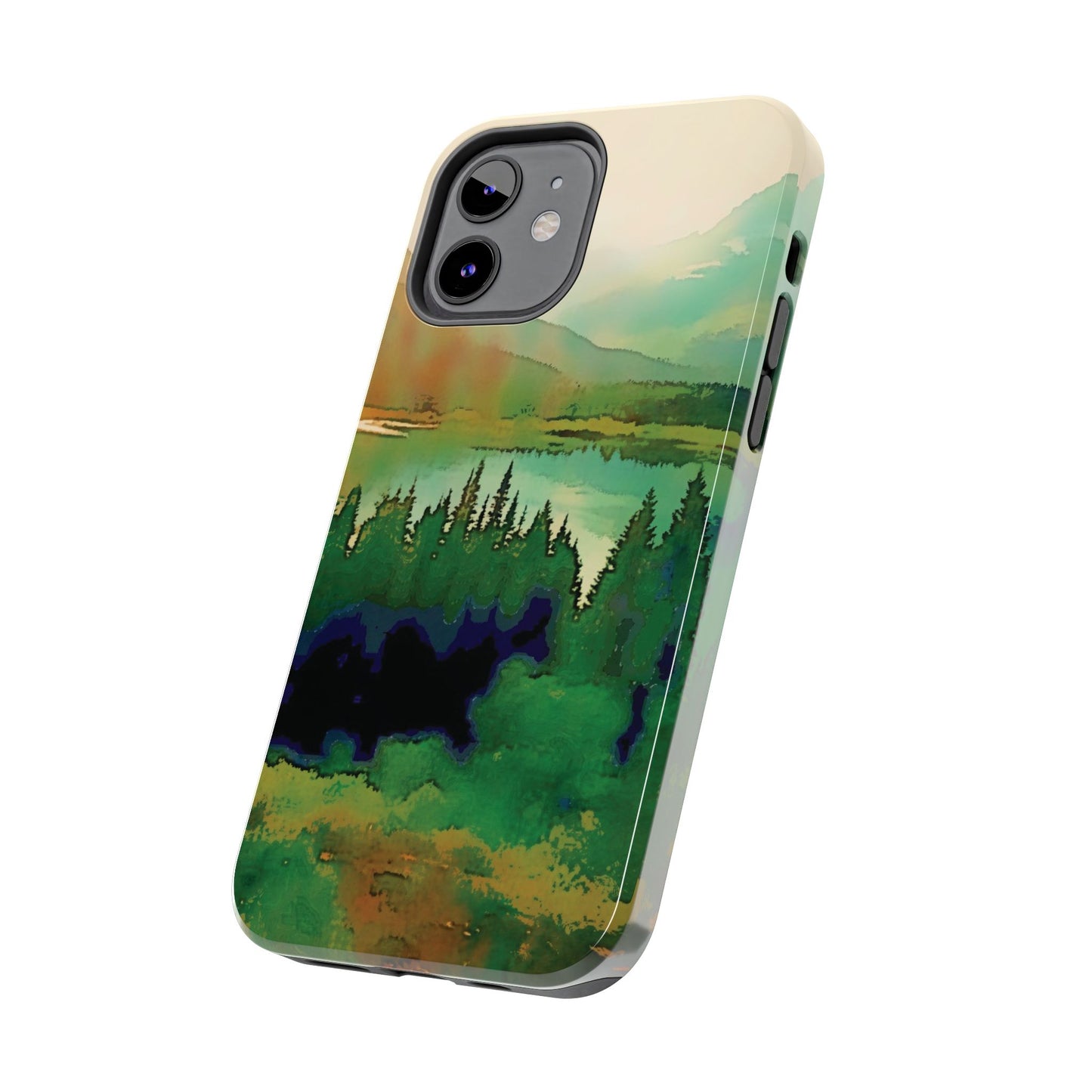 Mountain Lake Tough Phone Cases, iPhone & Samsung cases, wireless charging, trees, nature, colorful, original artwork, gifts, Christmas
