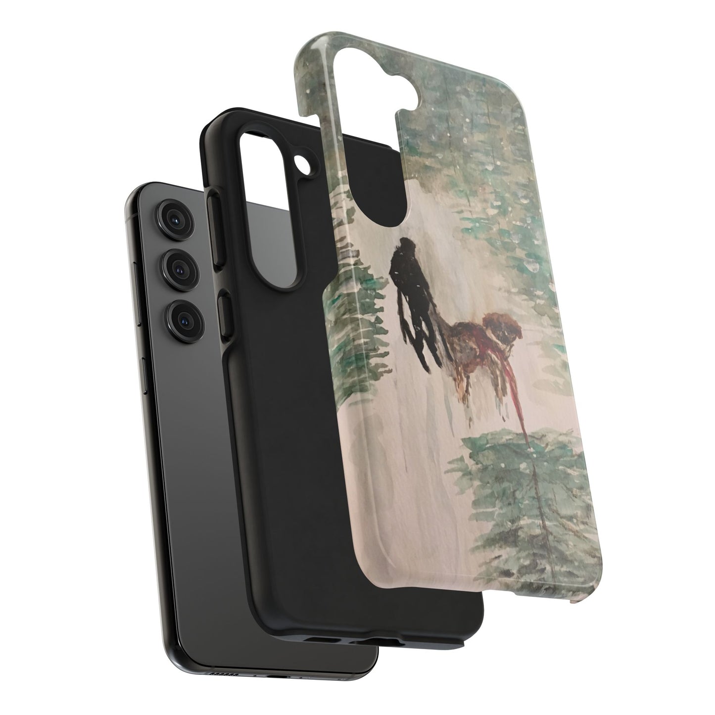 Skier Dog Pulling Tree Tough Phone Cases, iPhone & Samsung cases, wireless charging, pine trees, snow, original artwork, gifts, Christmas