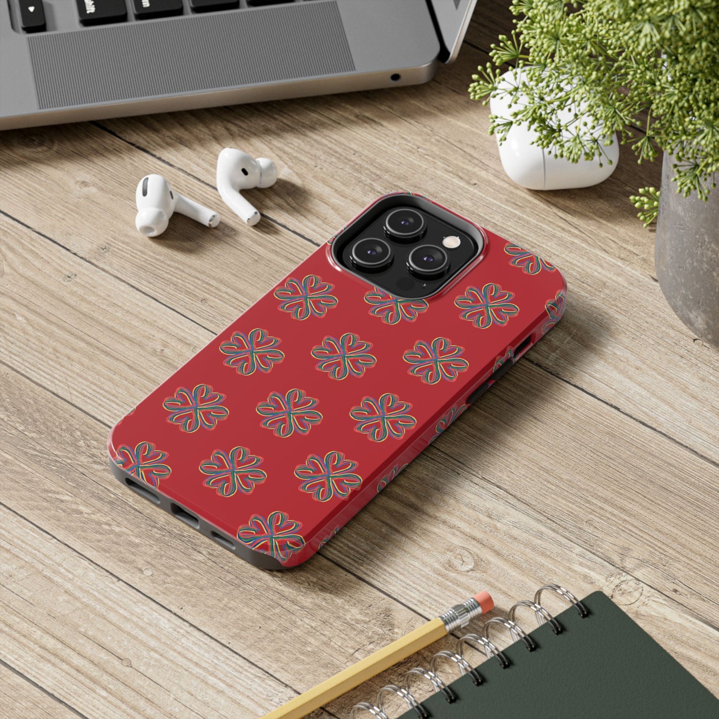 Floral Tough Phone Case, Red Phone Cover, Protective Tech Accessory, Botanical Phone Shell, Gift for Gardeners, Colorful, Wireless Charging