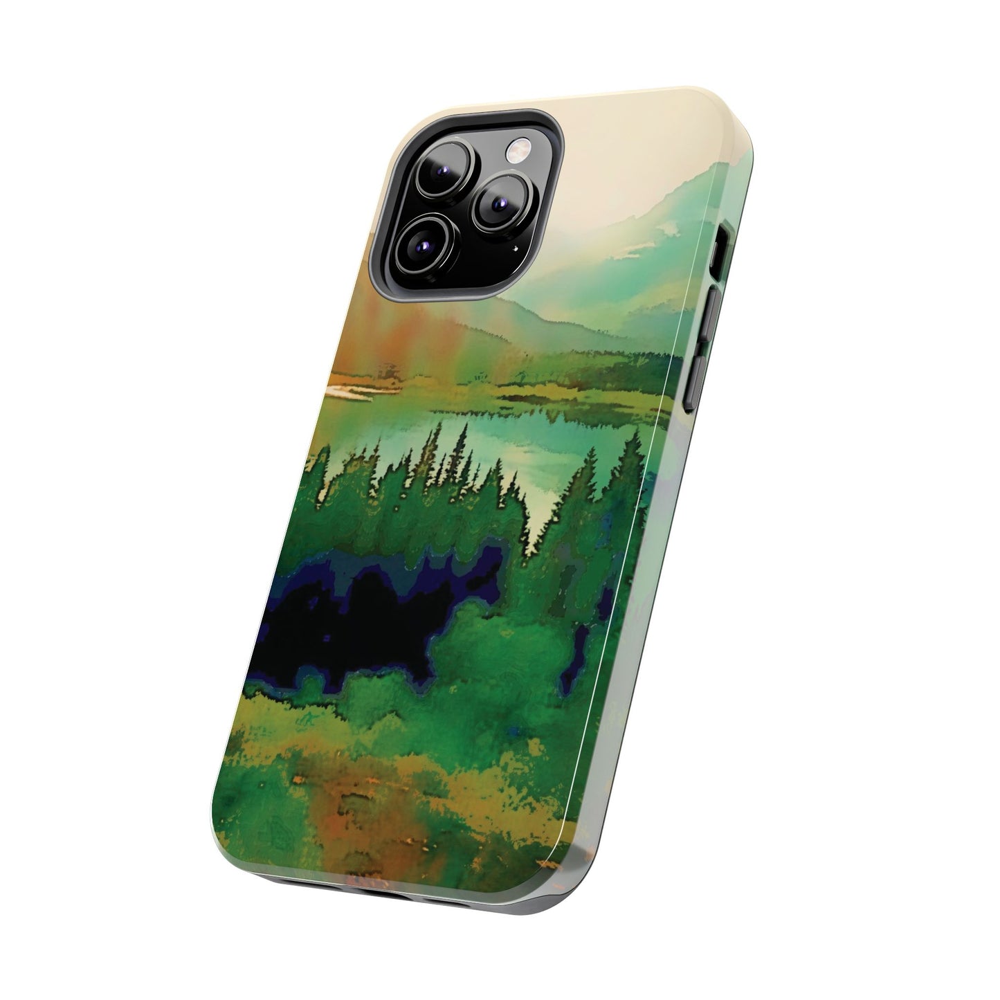 Mountain Lake Tough Phone Cases, iPhone & Samsung cases, wireless charging, trees, nature, colorful, original artwork, gifts, Christmas