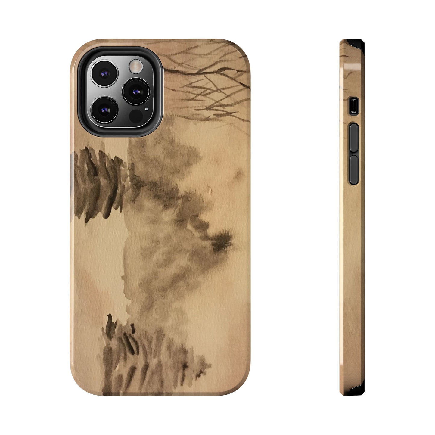 Winter Scene Tough Phone Cases, iPhone & Samsung cases, wireless charging, pine trees, snow, original watercolor artwork, gifts, Christmas