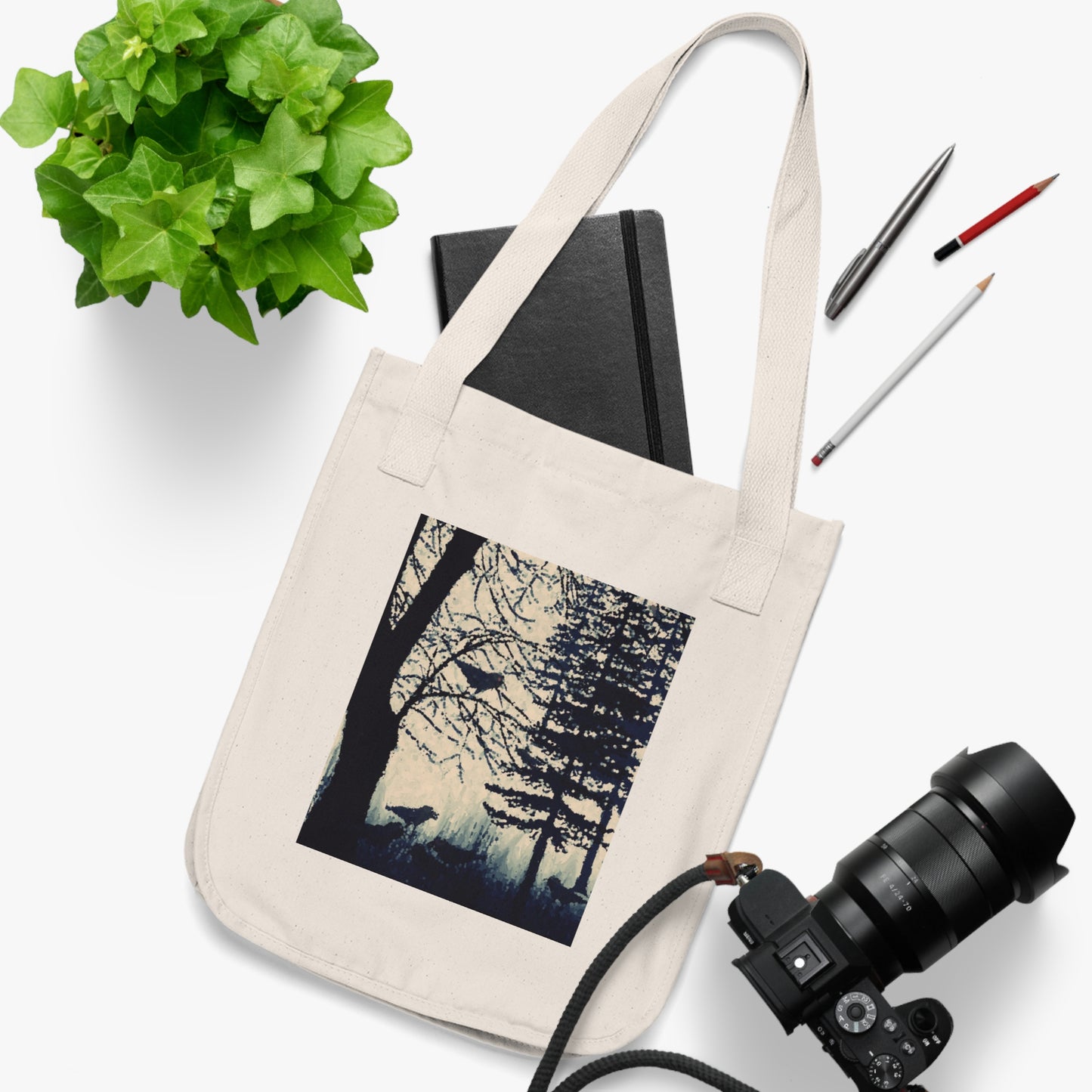Crows in Forest Organic Canvas Tote Bag, Groceries, Shopping, Eco Friendly, Gift Bags, 100% Organic Cotton, Beige, Black, Nature, Halloween