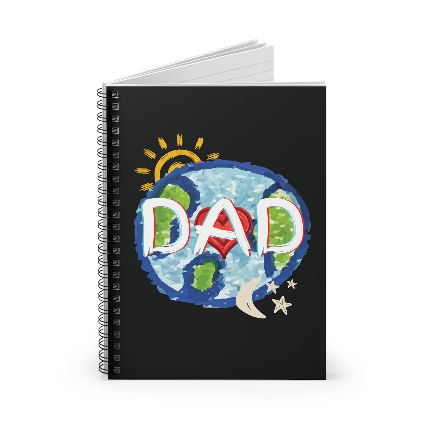 DAD Black Spiral Notebook - Ruled Line, Whole World, Sun, Moon & Stars, Heart - Fathers Day Gifts