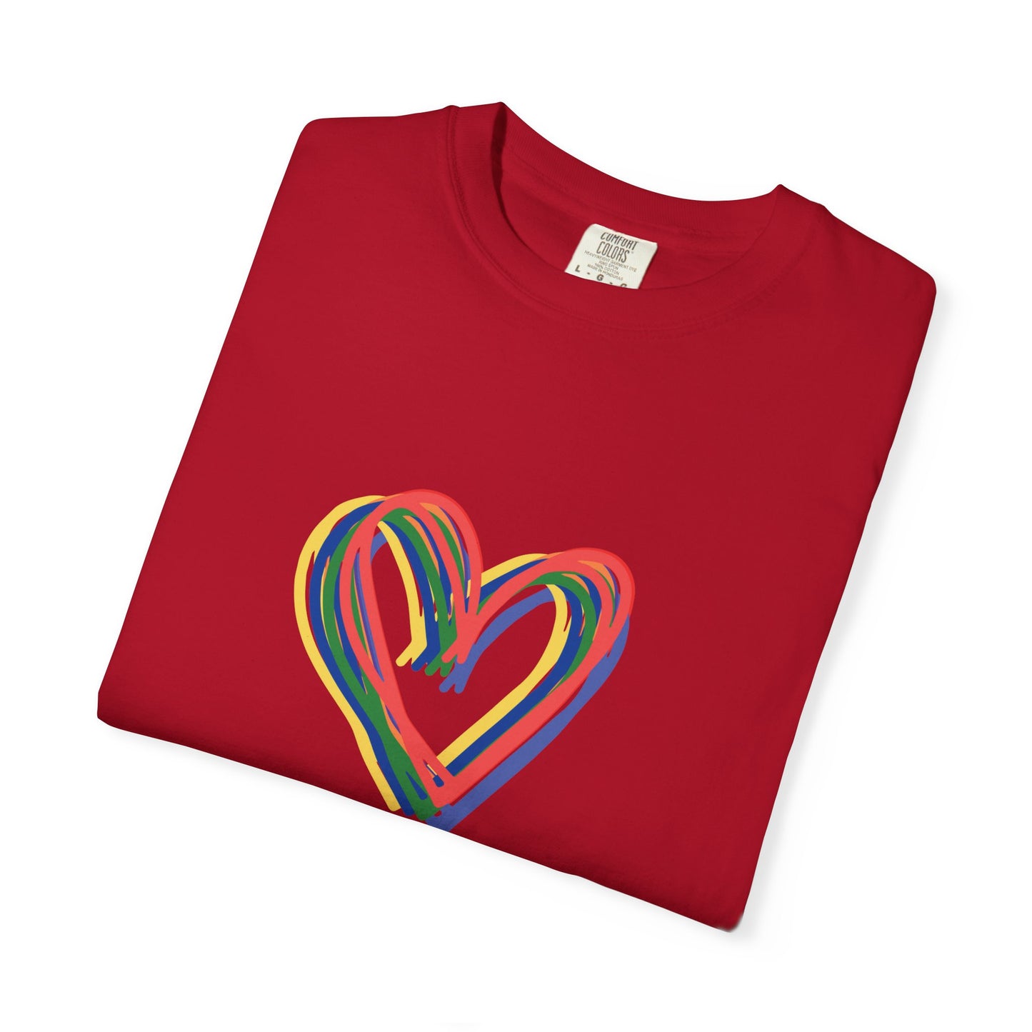 Rainbow Hearts Unisex Garment-Dyed T-shirt, love, Pride, gender neutral, casual, men, women, relaxed, soft, preshrunk cotton, Valentines Day