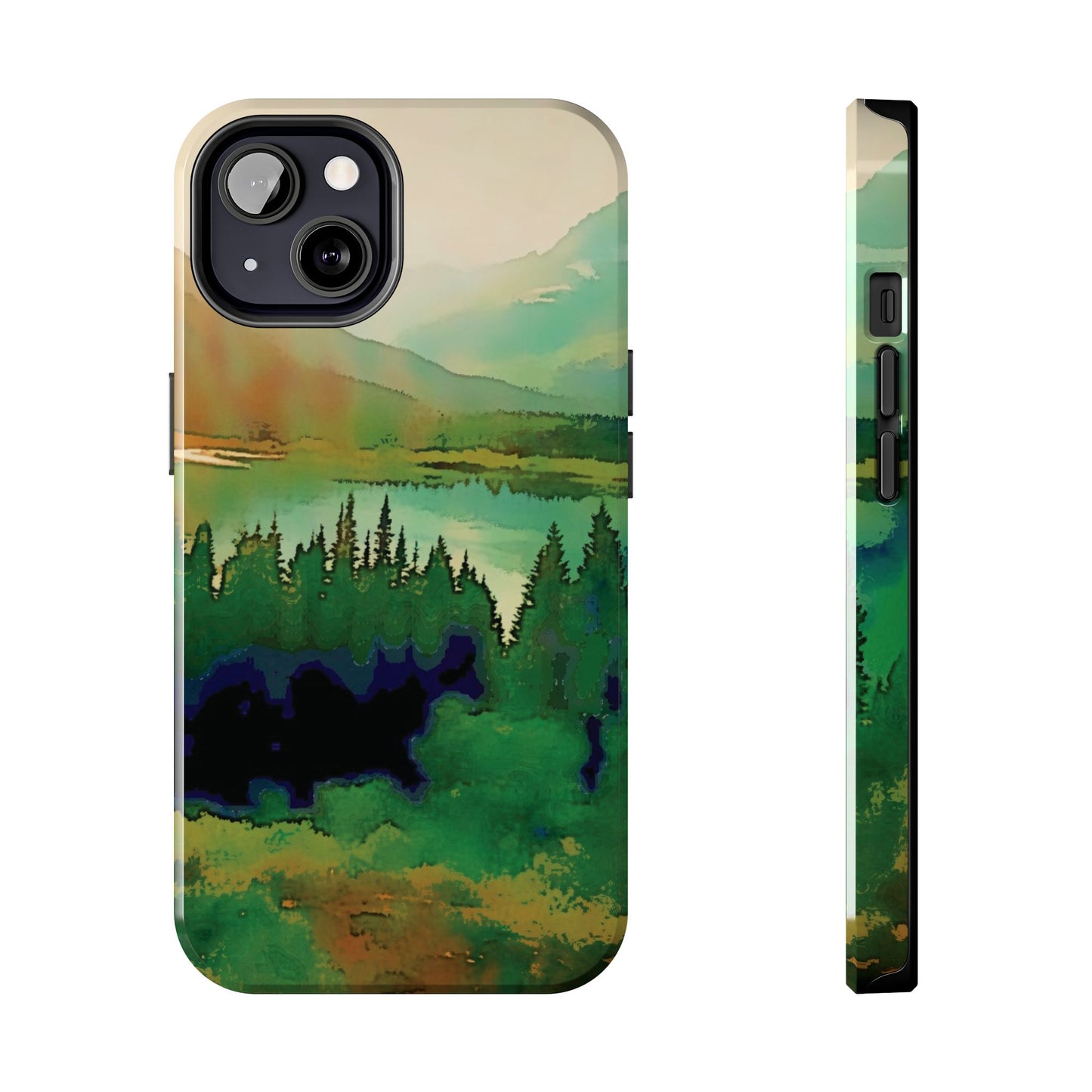 Mountain Lake Tough Phone Cases, iPhone & Samsung cases, wireless charging, trees, nature, colorful, original artwork, gifts, Christmas