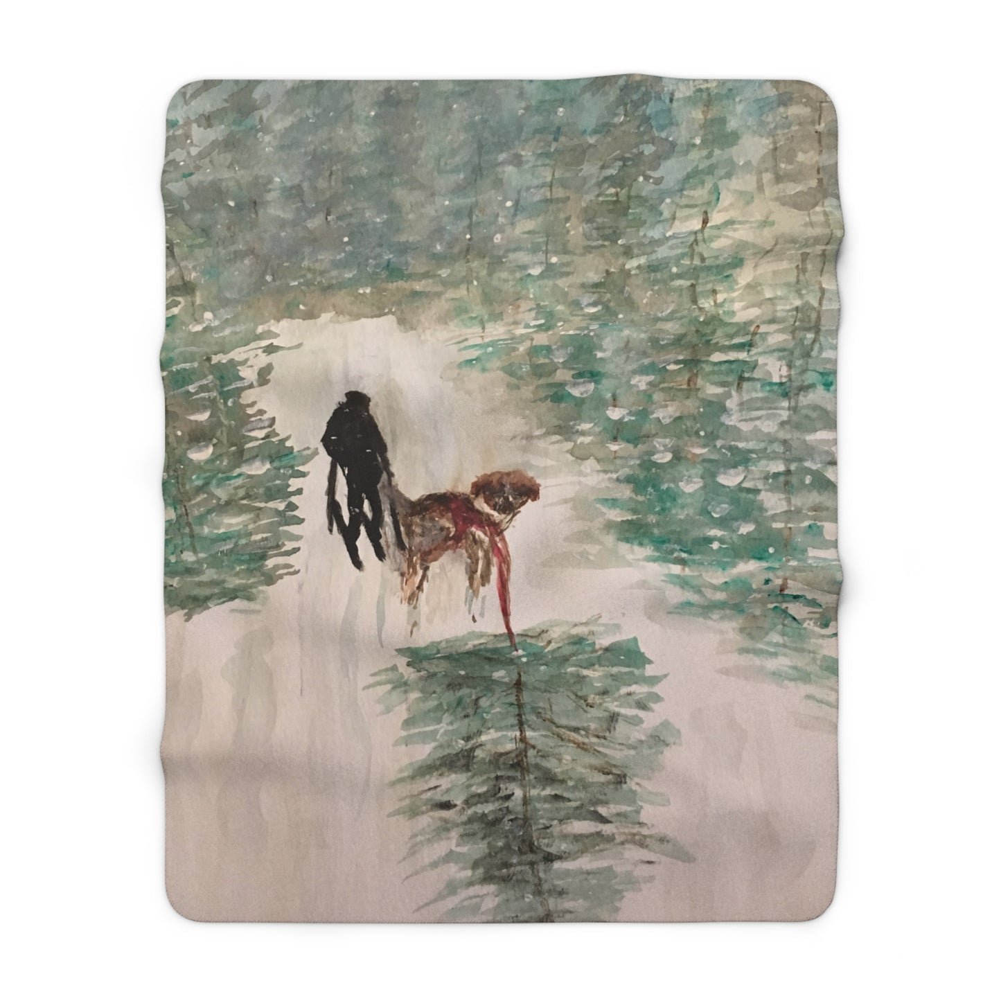 Skier Dog Pulling Tree Sherpa Fleece Blanket, Custom Artwork, Seasonal Decor, Cozy, Winter, Holidays, Snow, Christmas, Warm