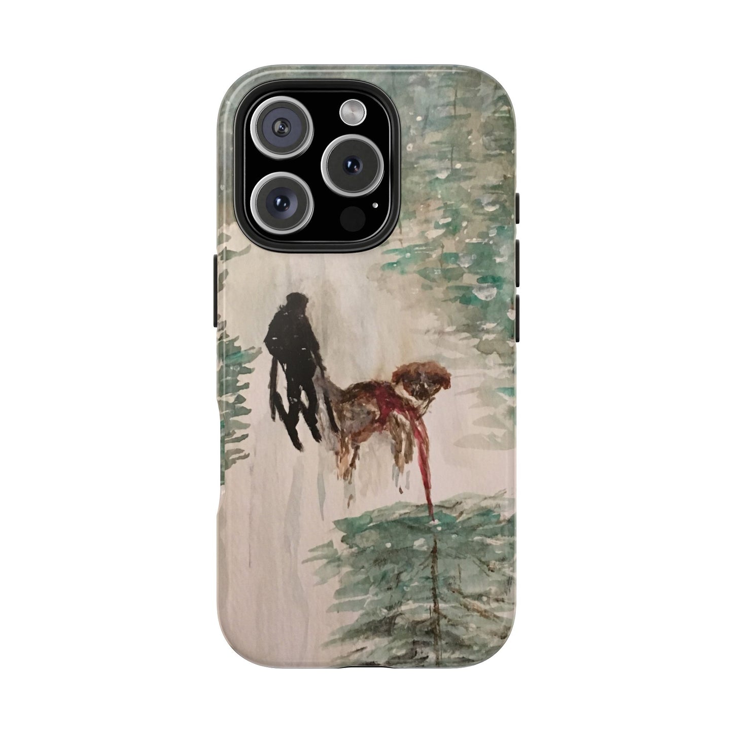 Skier Dog Pulling Tree Tough Phone Cases, iPhone & Samsung cases, wireless charging, pine trees, snow, original artwork, gifts, Christmas