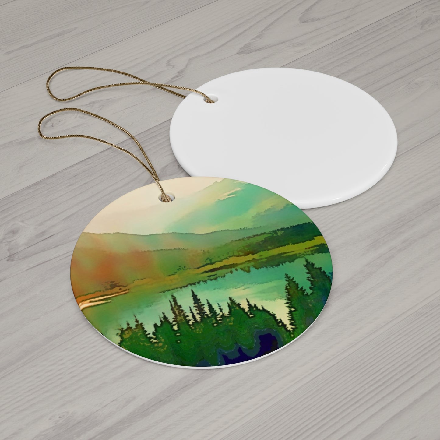 Mountain Lake Hanging Ceramic Ornament, 4 Shapes Circle, Snowflake, Heart, Star, Forest, Tree, Rustic, Holiday, Decor, Gifts, Landscape