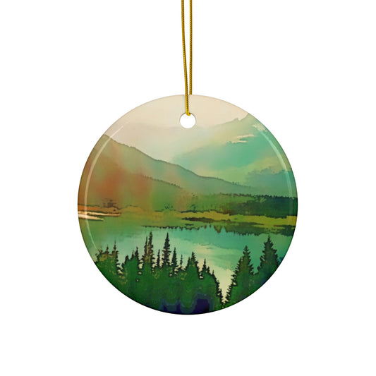 Mountain Lake Hanging Ceramic Ornament, 4 Shapes Circle, Snowflake, Heart, Star, Forest, Tree, Rustic, Holiday, Decor, Gifts, Landscape