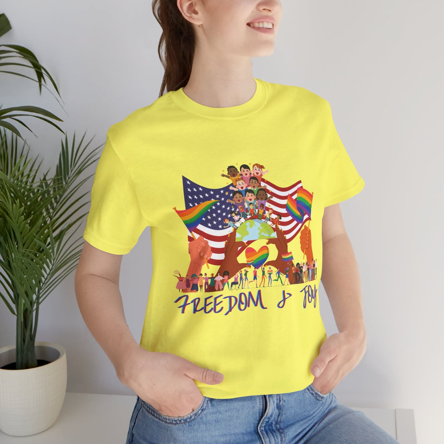 Freedom & Joy Unisex Tee, America, Inclusion, Equality, Love, Pride, Flag, Election, Gift, Comfy, Soft, Casual, Gender Neutral, Short Sleeve