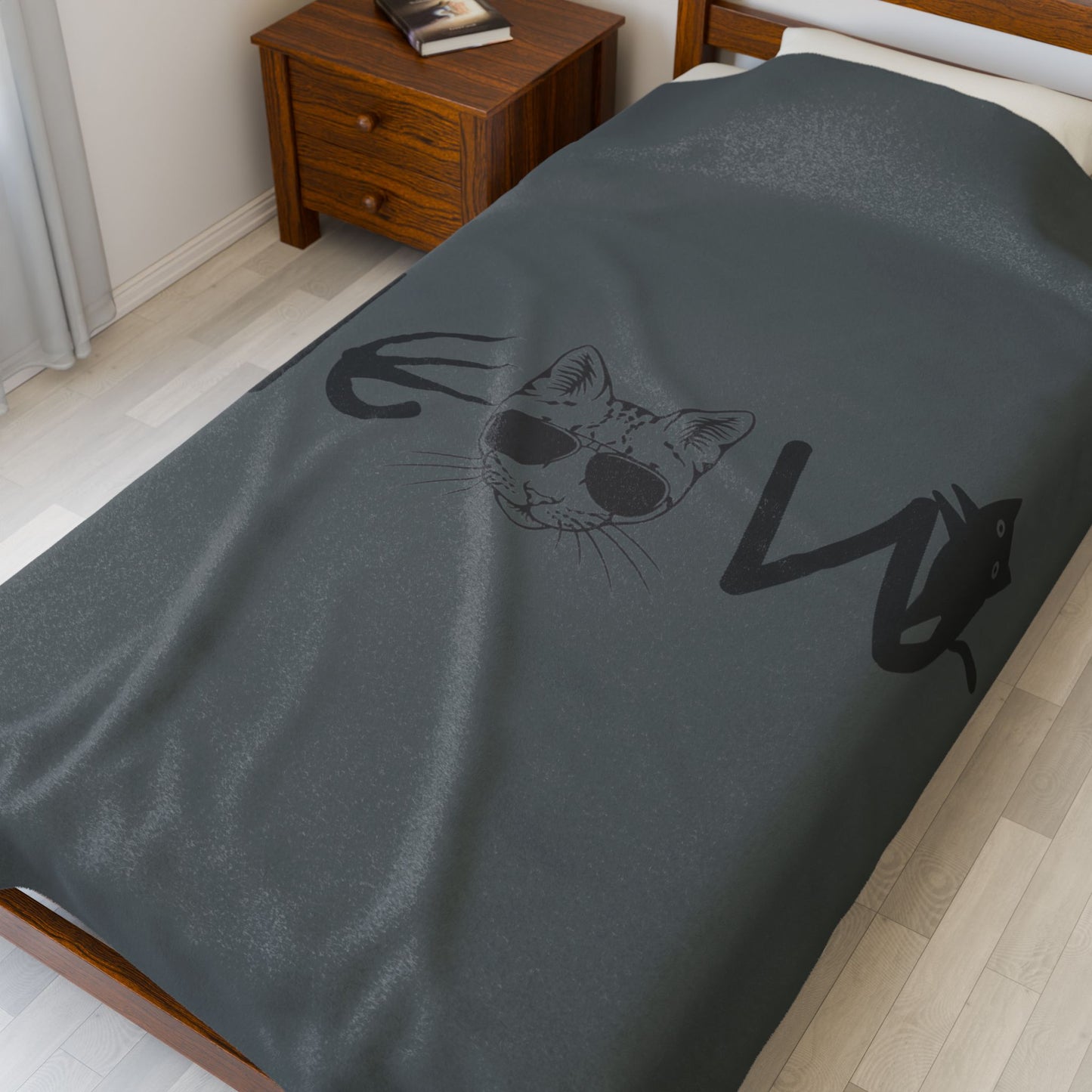Dark Grey Meow Velveteen Blanket, Cozy Throw, Home Decor, Gift, Bed Cover, Dorm, Warm, Soft, Couch Blanket, Birthday Anniversary Christmas