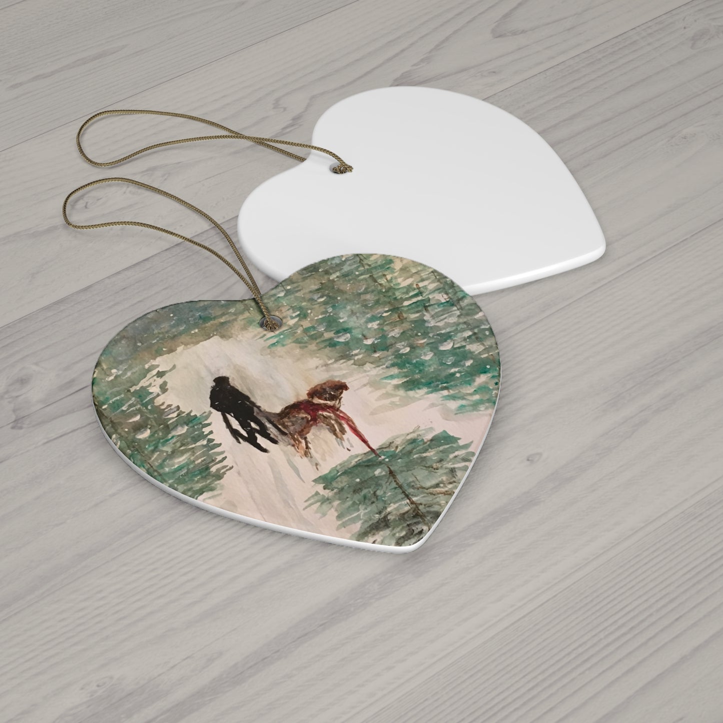 Skier Dog Pulling Tree Hanging Ceramic Ornament, 4 Shapes Circle, Snowflake, Heart, Star, Christmas Tree, Holiday, Decor, Gifts, Snow Forest