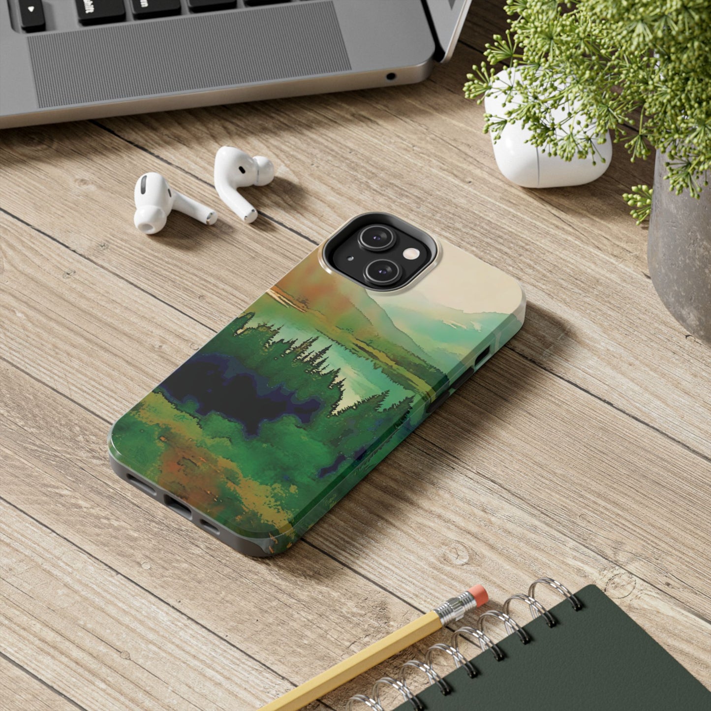 Mountain Lake Tough Phone Cases, iPhone & Samsung cases, wireless charging, trees, nature, colorful, original artwork, gifts, Christmas