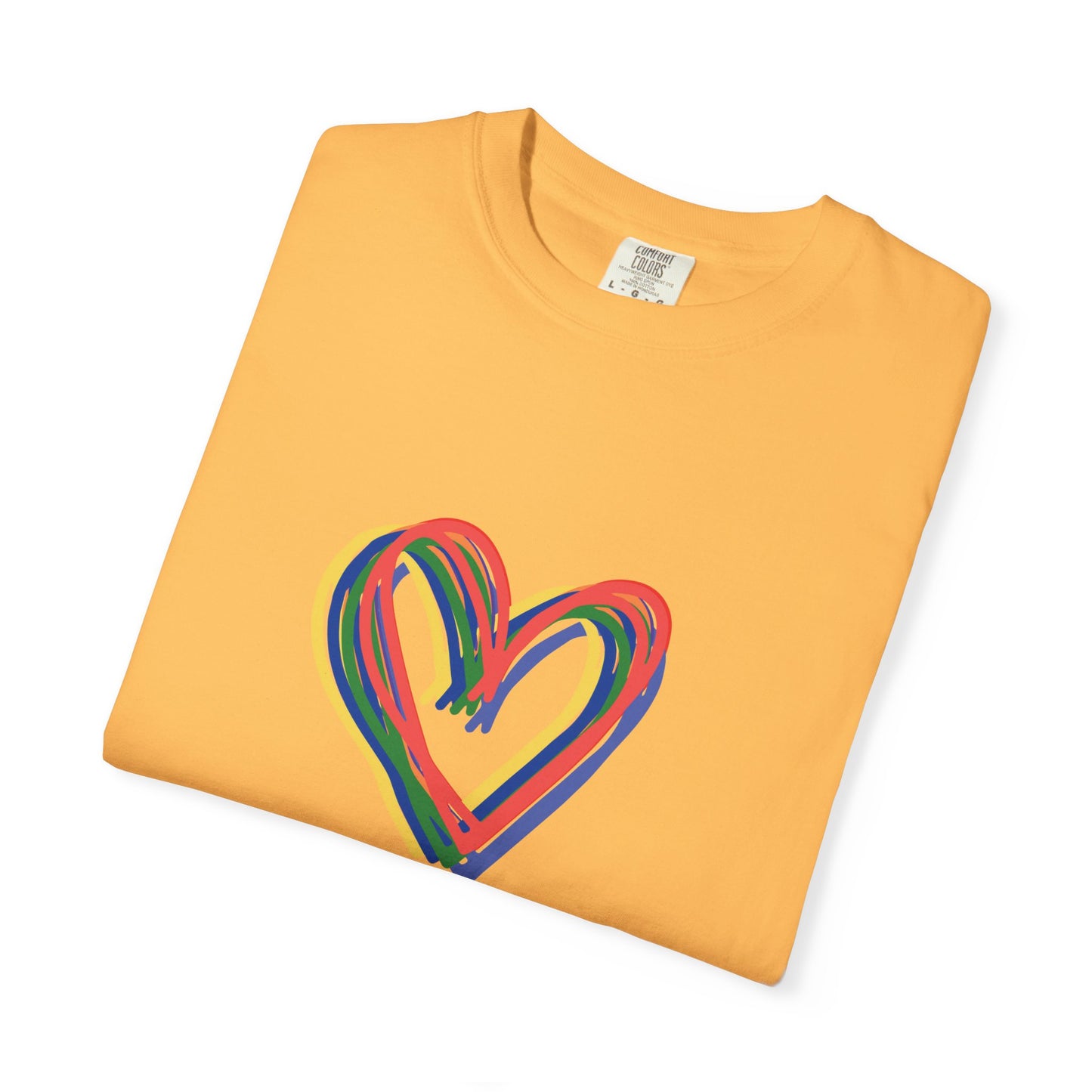 Rainbow Hearts Unisex Garment-Dyed T-shirt, love, Pride, gender neutral, casual, men, women, relaxed, soft, preshrunk cotton, Valentines Day