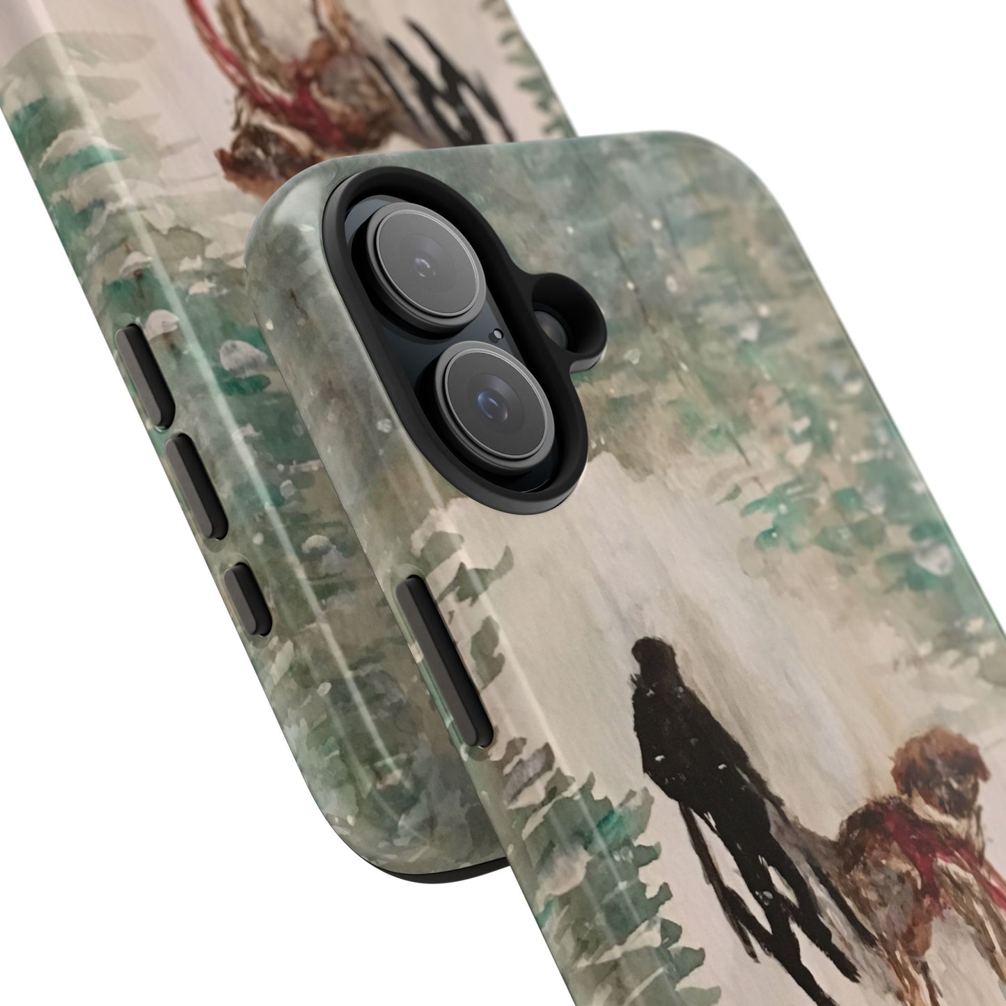 Skier Dog Pulling Tree Tough Phone Cases, iPhone & Samsung cases, wireless charging, pine trees, snow, original artwork, gifts, Christmas
