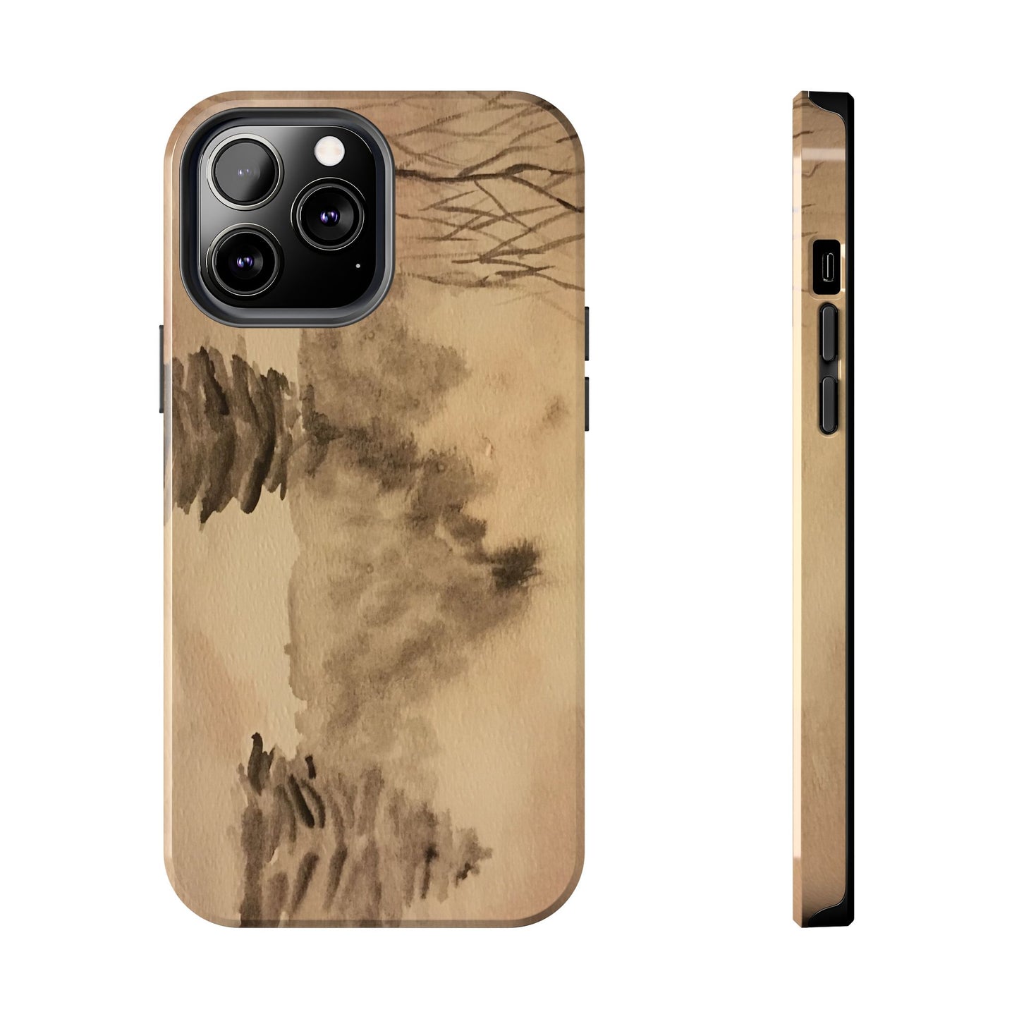 Winter Scene Tough Phone Cases, iPhone & Samsung cases, wireless charging, pine trees, snow, original watercolor artwork, gifts, Christmas