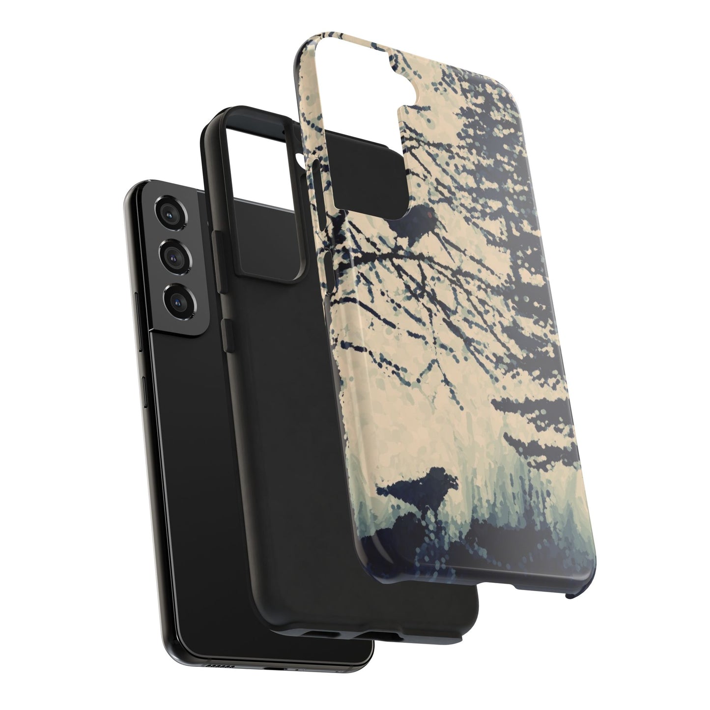 Crows in Forest Tough Phone Cases, iPhone & Samsung cases, wireless charging, crows, trees, birds, original artwork, gifts, Halloween