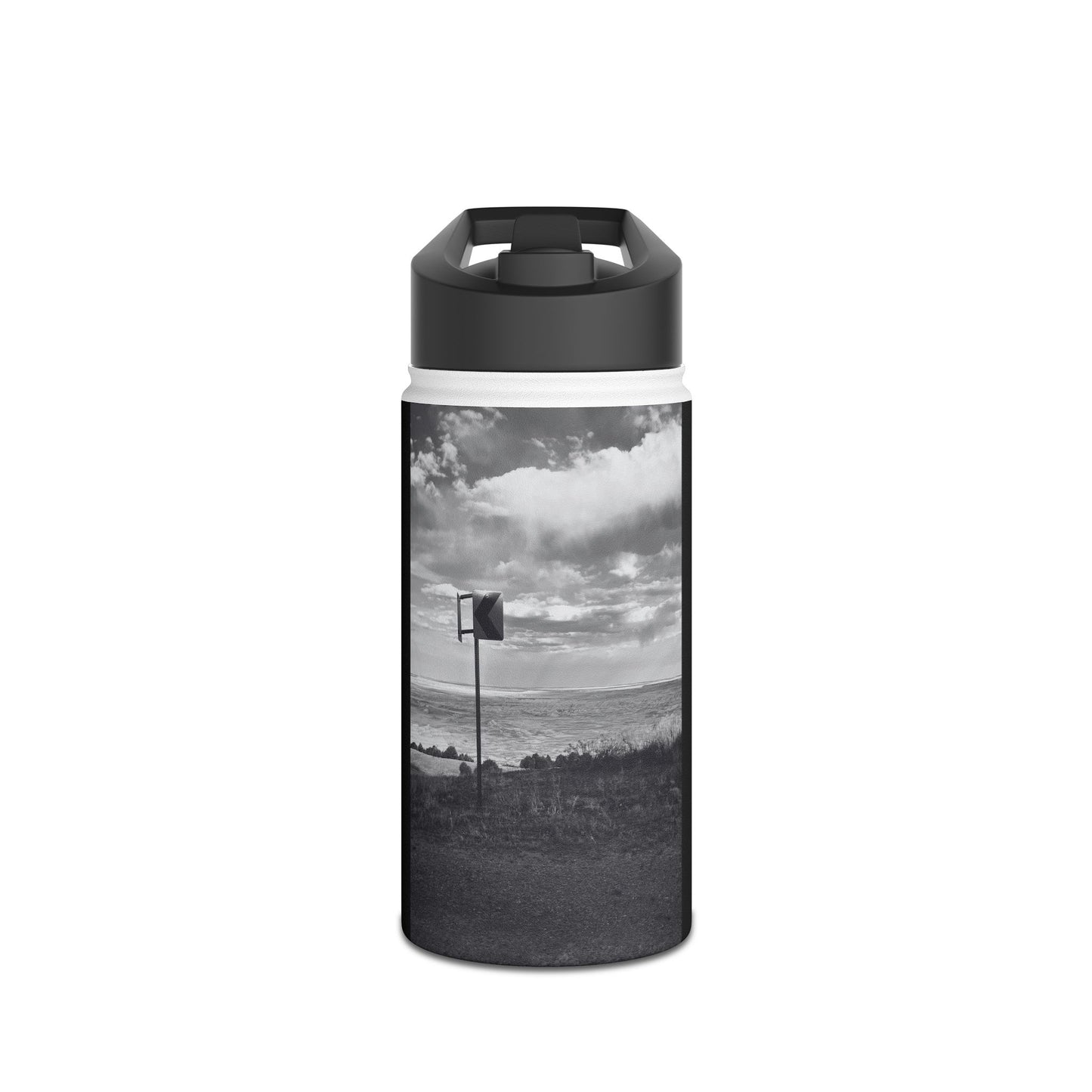 Road Sign Stainless Steel Water Bottle, Badlands, Landscape, Black and White, Photo, Artwork, Drinkware, Gift, Nature, Warning, BPA-free