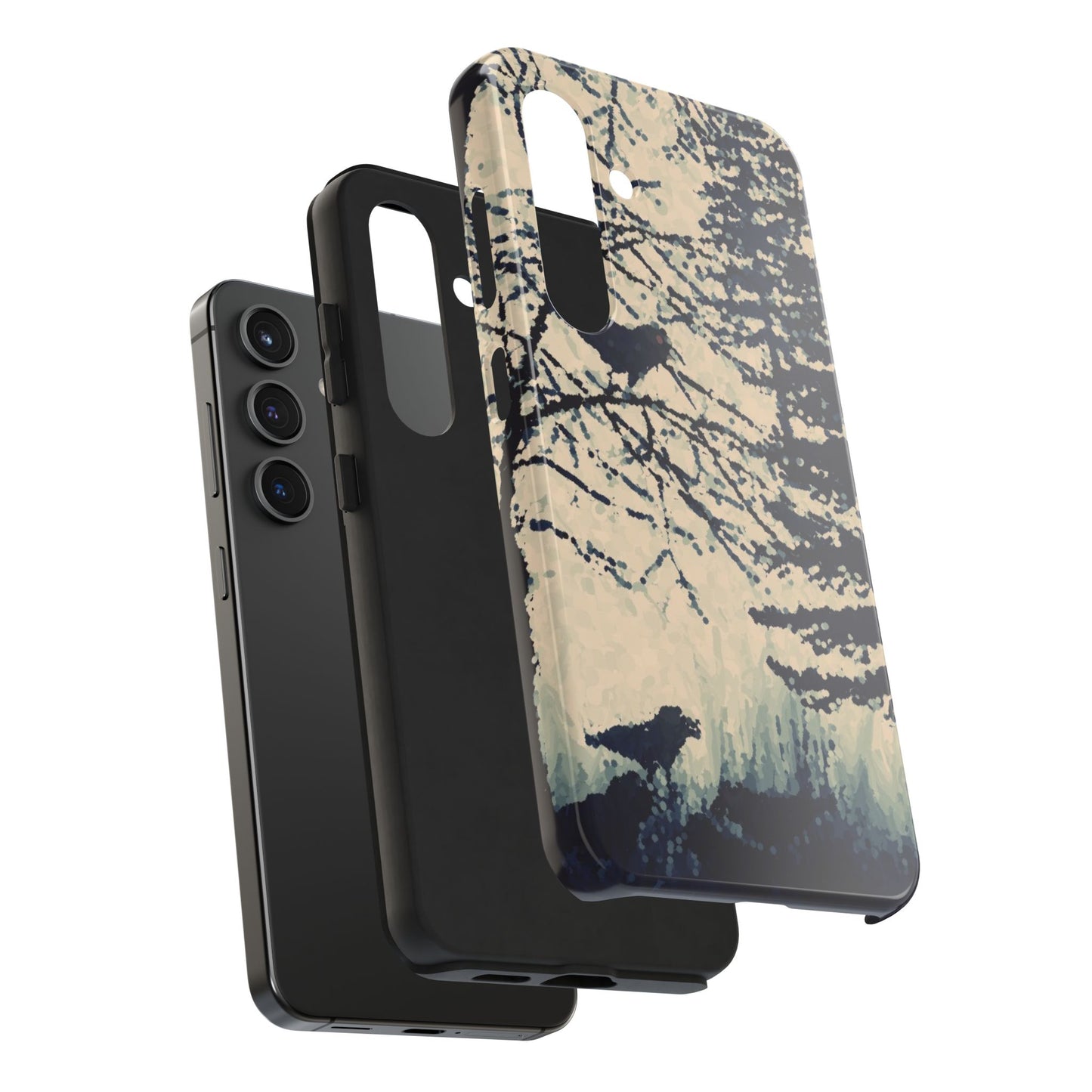 Crows in Forest Tough Phone Cases, iPhone & Samsung cases, wireless charging, crows, trees, birds, original artwork, gifts, Halloween