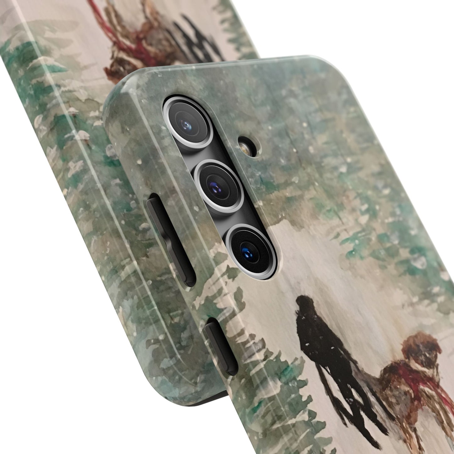 Skier Dog Pulling Tree Tough Phone Cases, iPhone & Samsung cases, wireless charging, pine trees, snow, original artwork, gifts, Christmas