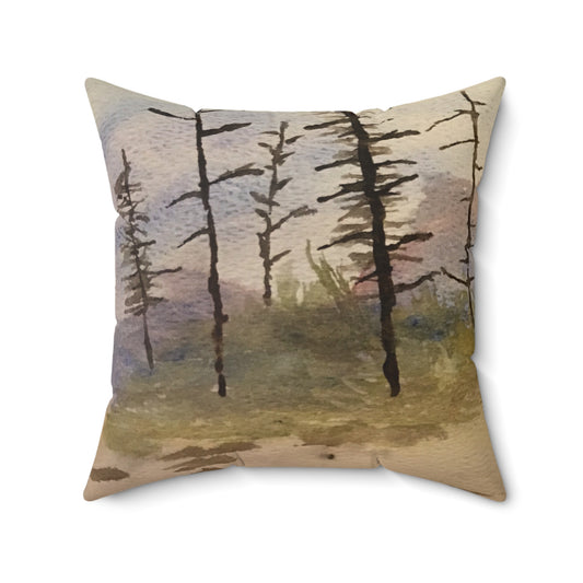 Glacier National Park After Fire Spun Polyester Square Pillow, Original Watercolor, Decor, Throw, Gift, Trees, Mountain, Rustic, 4 Sizes